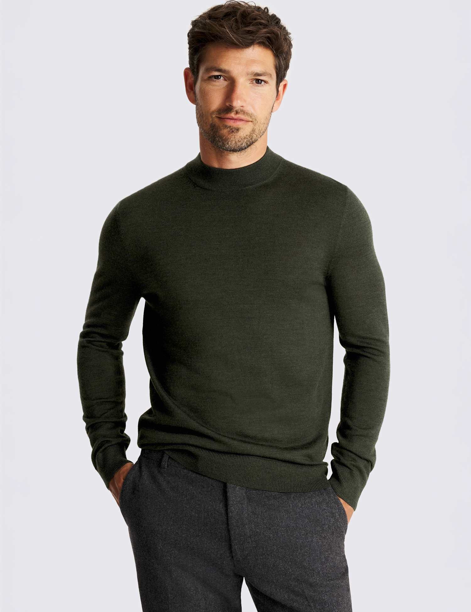MOSS Merino Wool Rich Mock Neck Jumper Khaki