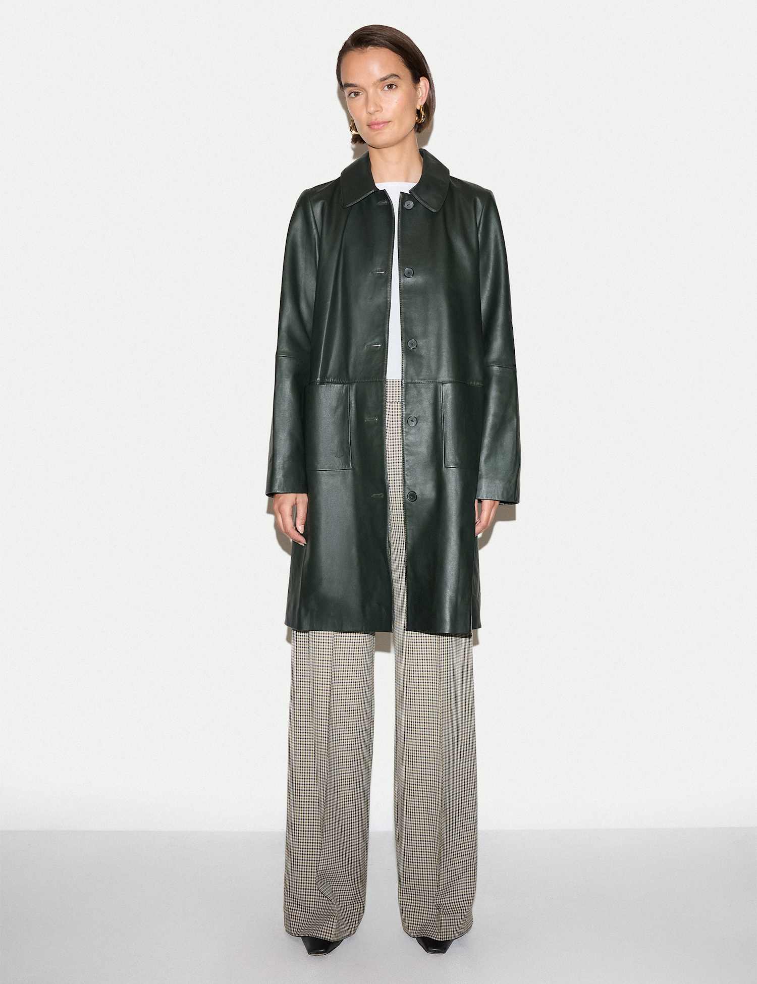 Jigsaw Leather Collared Knee Length Coat Dark Green