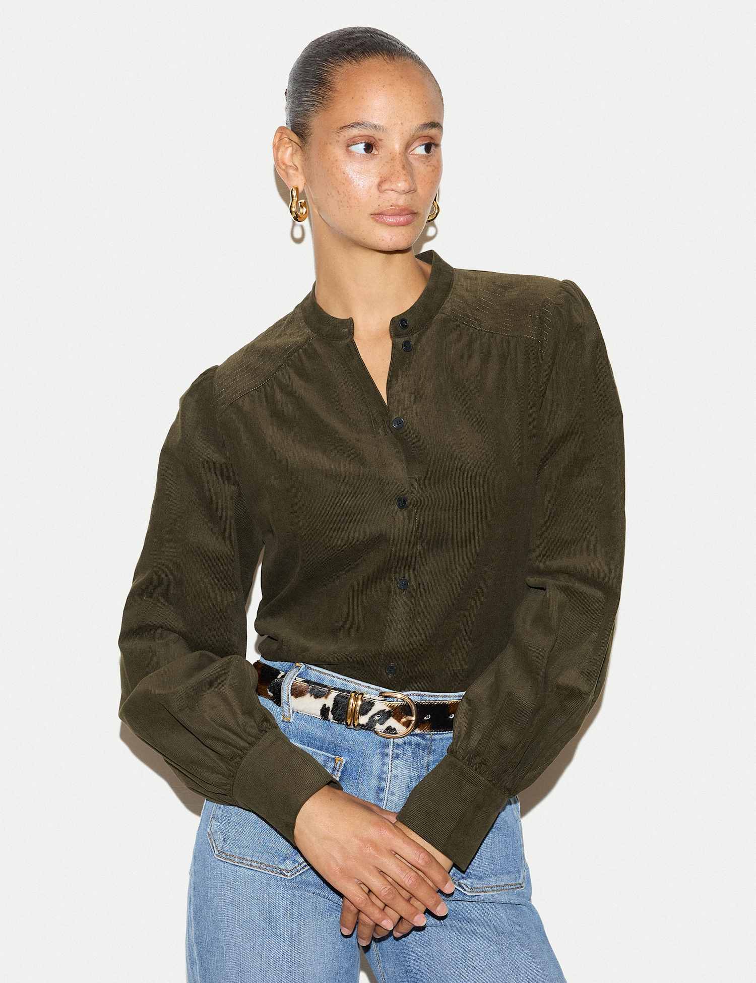 Jigsaw Cord Collared Blouson Sleeve Shirt Olive