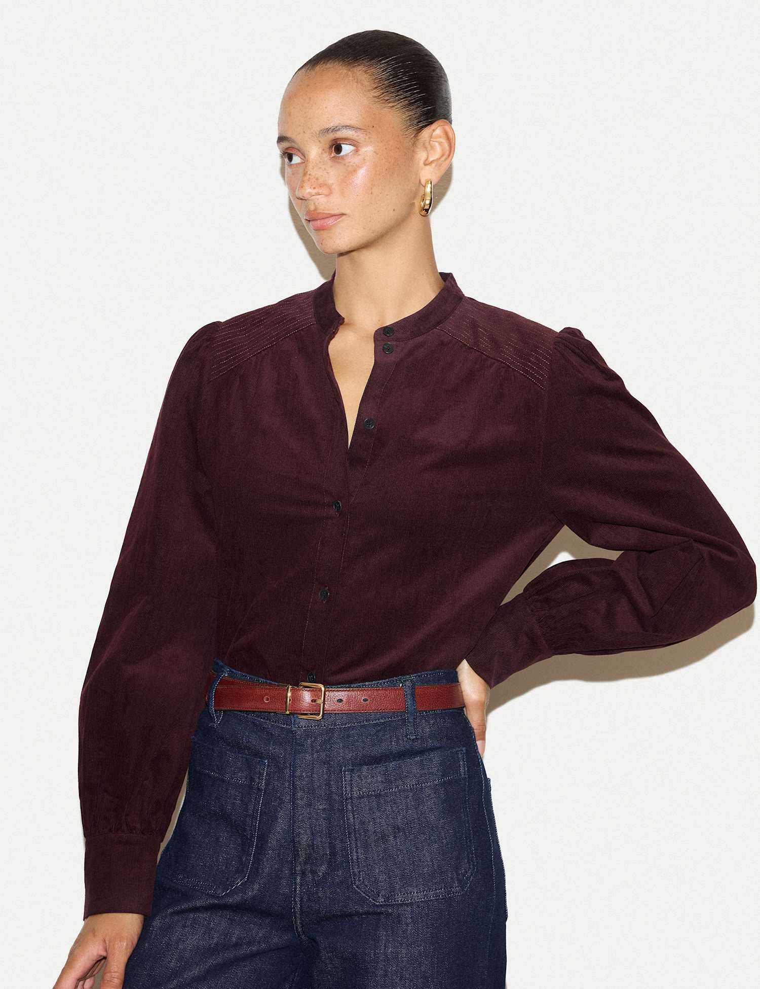 Jigsaw Cord Collared Blouson Sleeve Shirt Burgundy