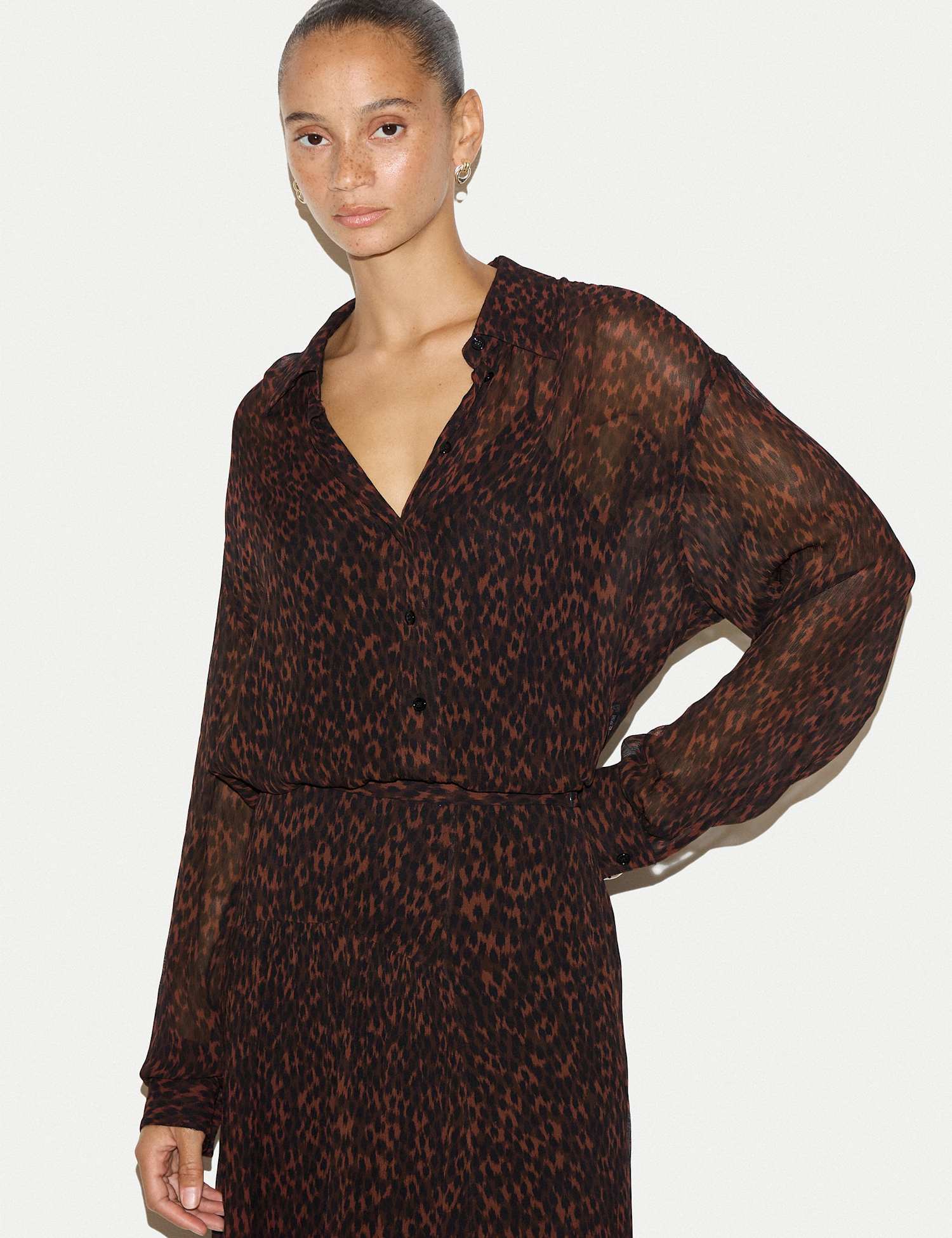 Jigsaw Sheer Leopard Print Button Through Shirt Brown Mix