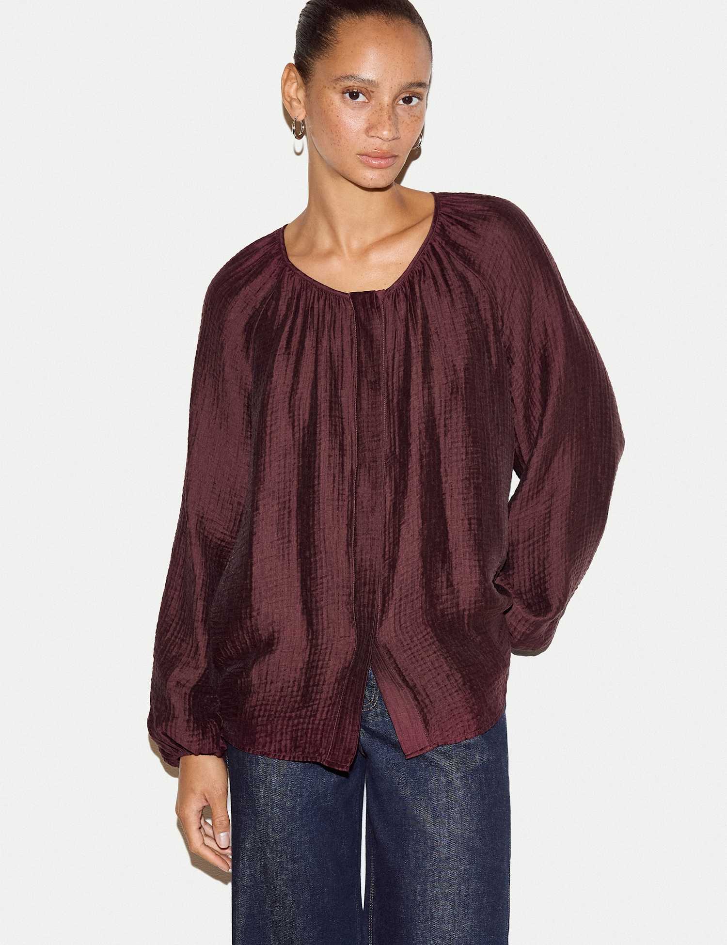 Jigsaw Textured Round Neck Regular Fit Top Burgundy
