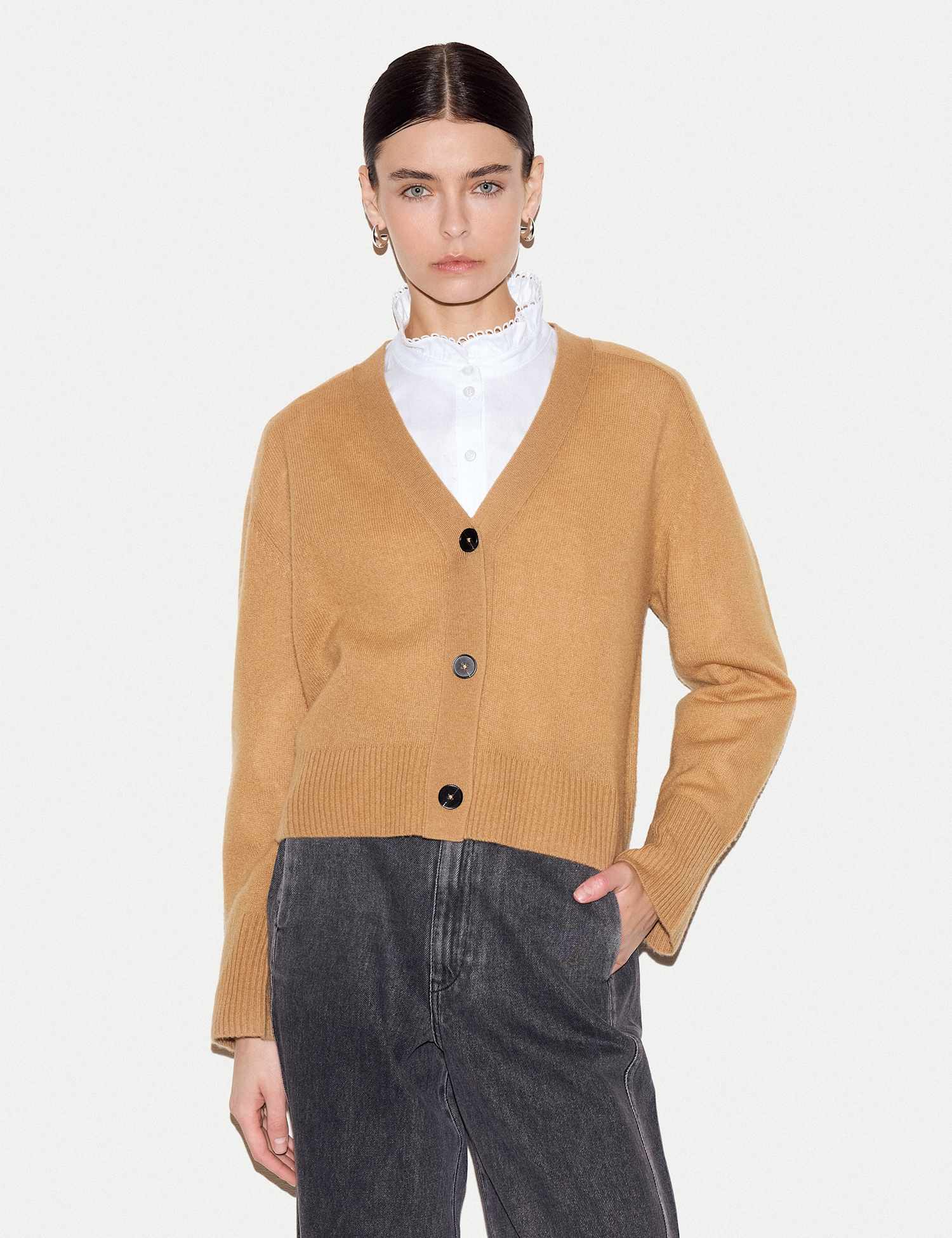 Jigsaw Merino Wool Rich V Neck Relaxed Cardigan with Cashmere Camel