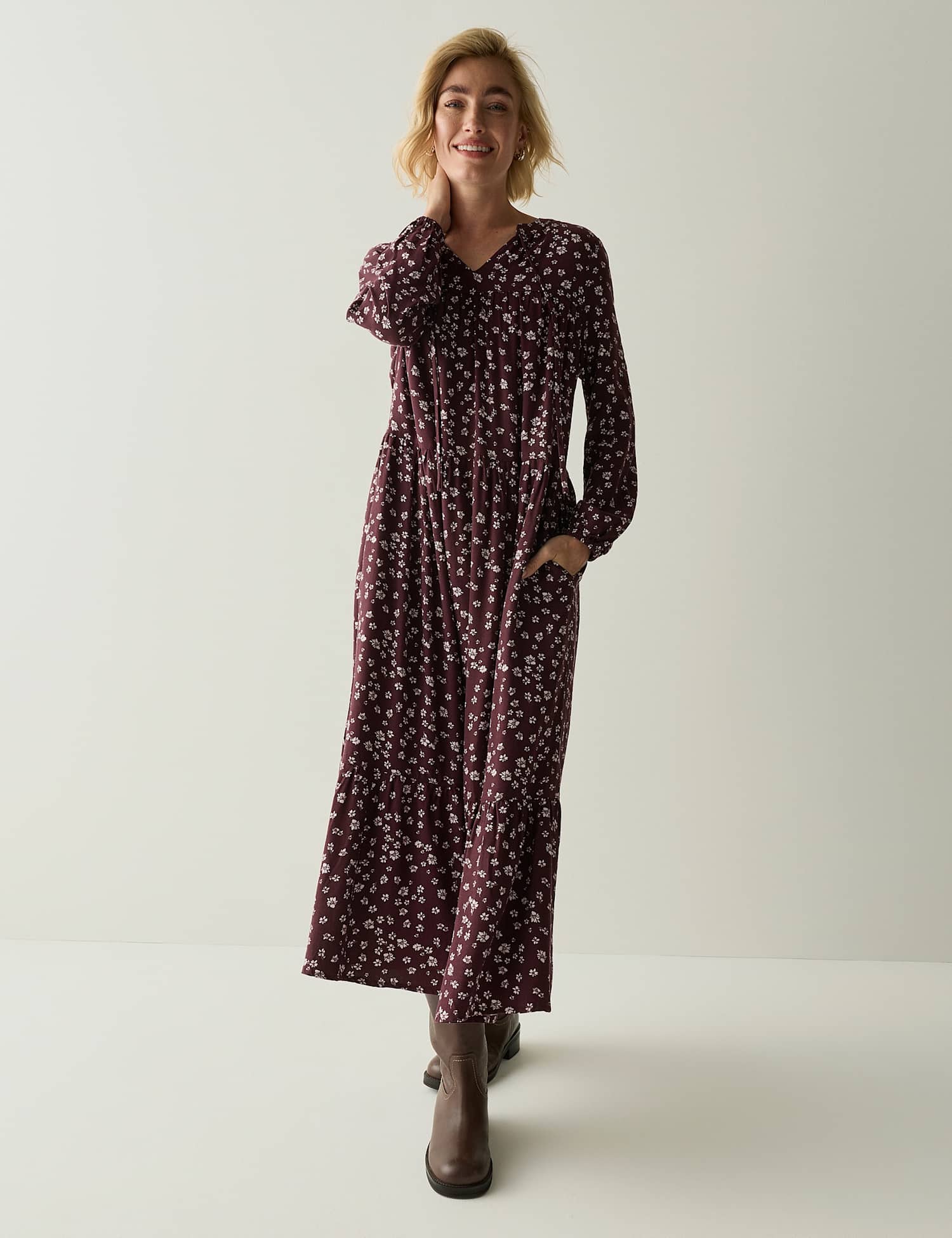 Regatta Floral V Neck Button Front Maxi Tiered Dress Burgundy Mix