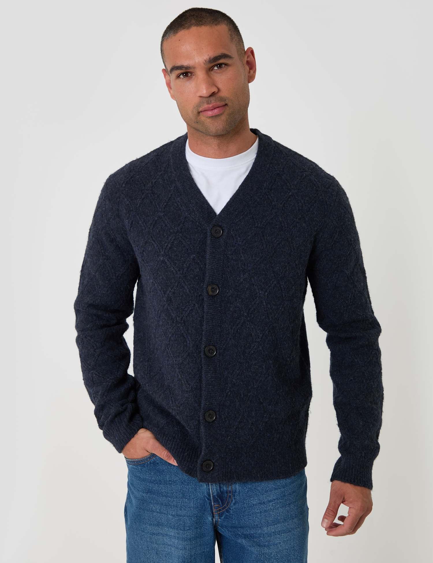 Threadbare Wool Blend Cable Knit V Neck Cardigan Navy