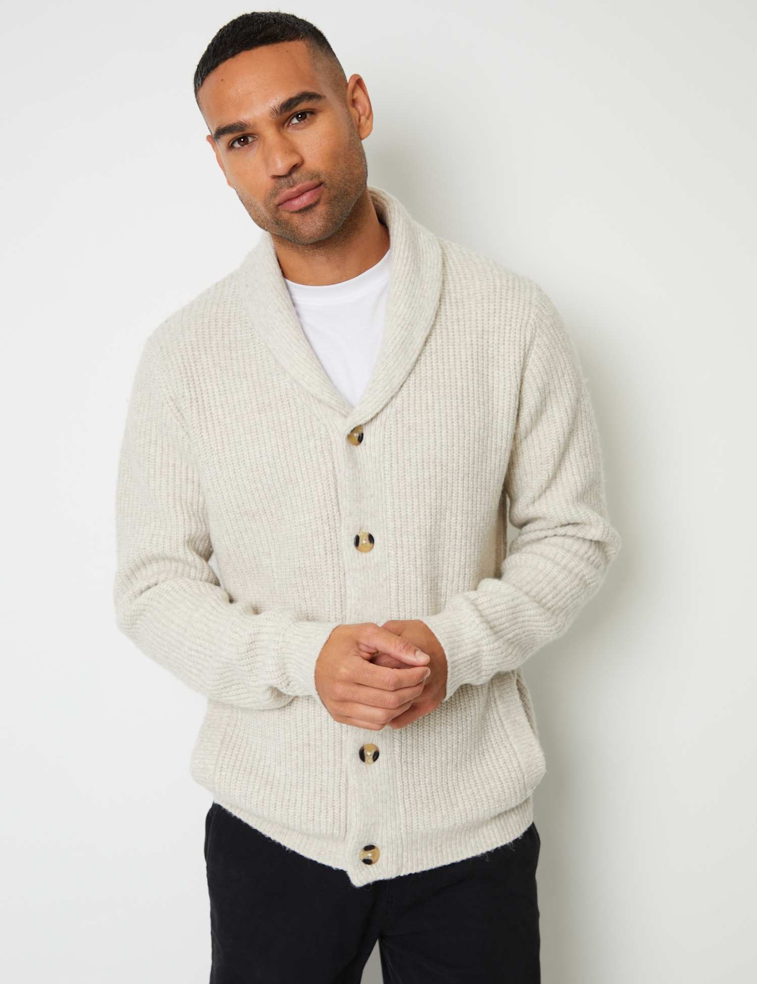Threadbare Ribbed Shawl Neck Cardigan with Wool Ecru