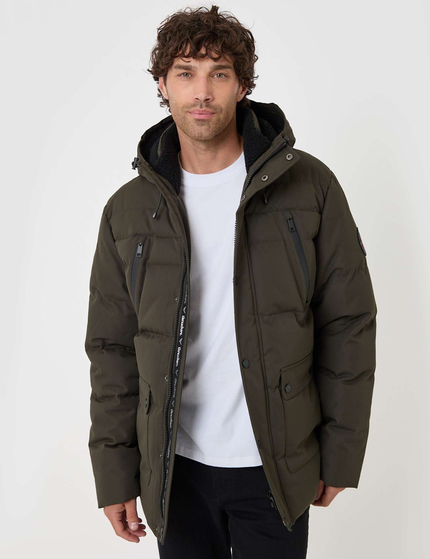 Threadbare Showerproof Borg Lined Hooded Puffer Jacket Khaki
