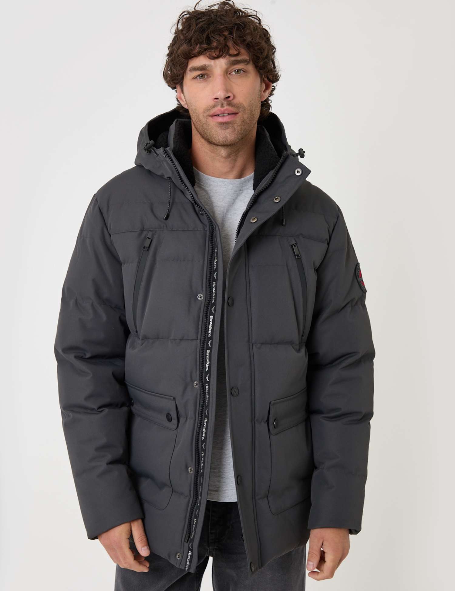 Threadbare Showerproof Borg Lined Hooded Puffer Jacket Grey