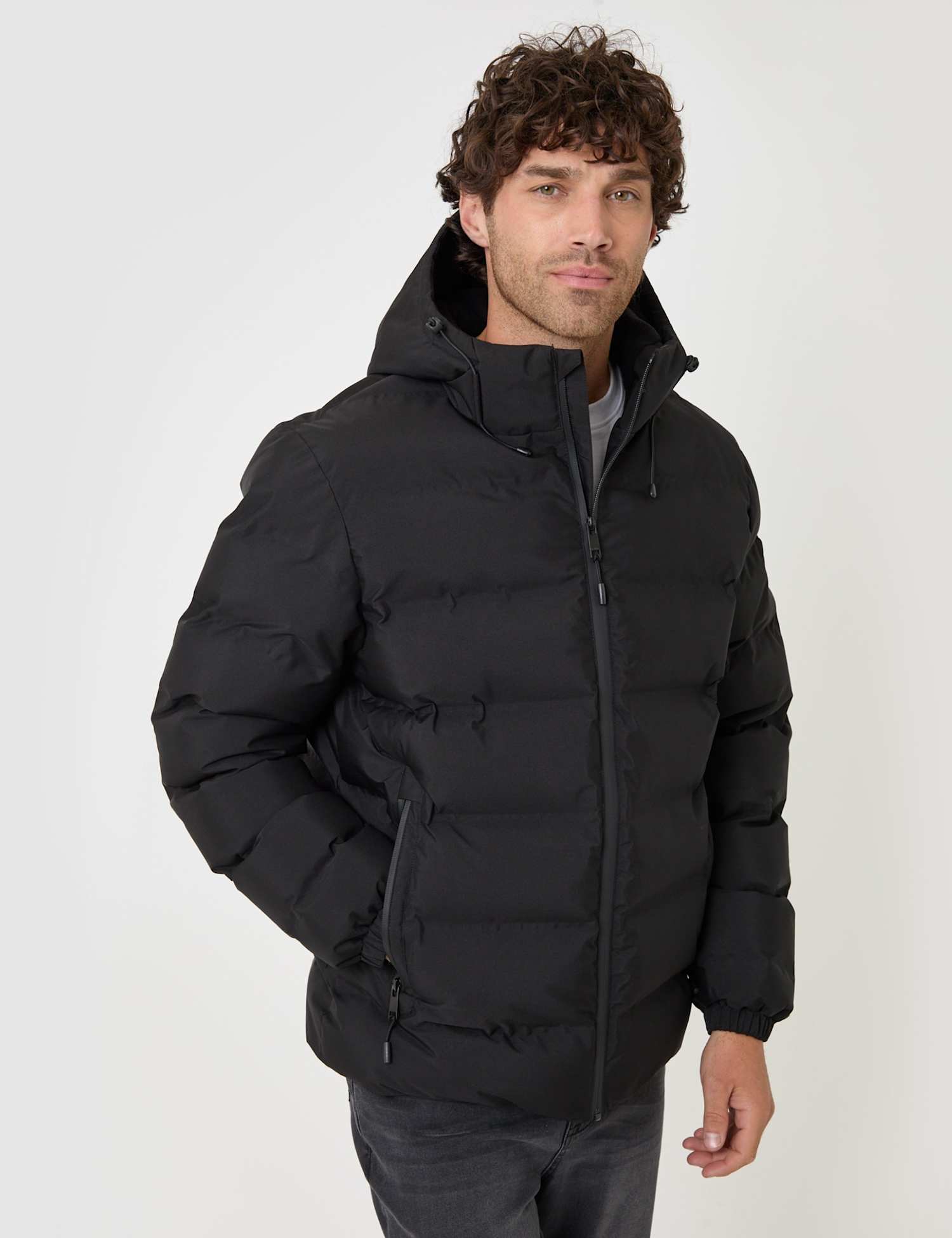 Threadbare Showerproof Borg Lined Hooded Puffer Jacket Black