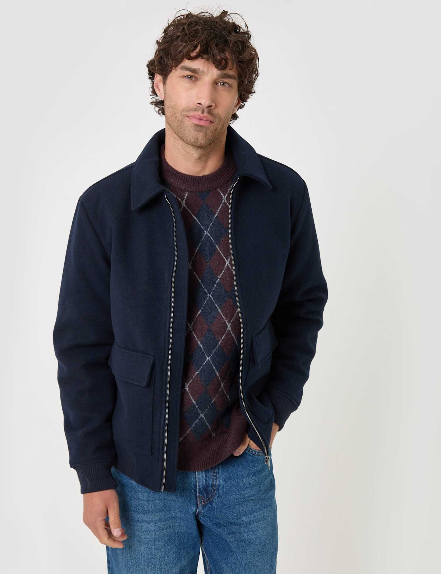 Threadbare Faux Wool Collared Lightweight Jacket Navy