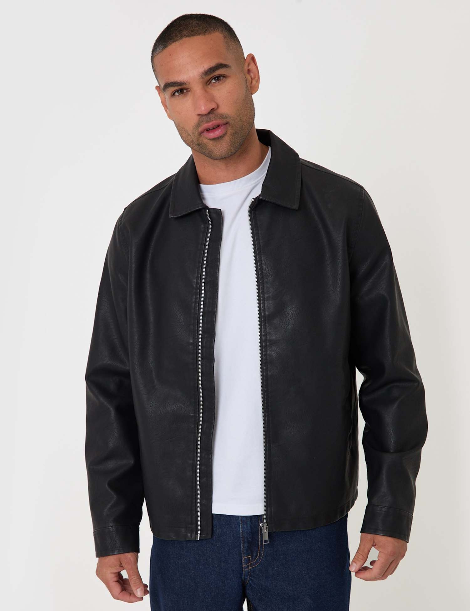Threadbare Faux Leather Zip Up Collared Jacket Black