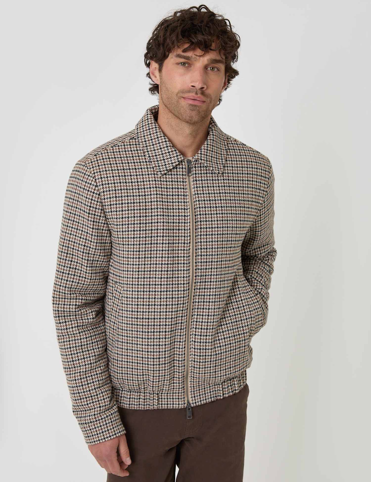 Threadbare Houndstooth Collared Harrington Jacket Brown Mix
