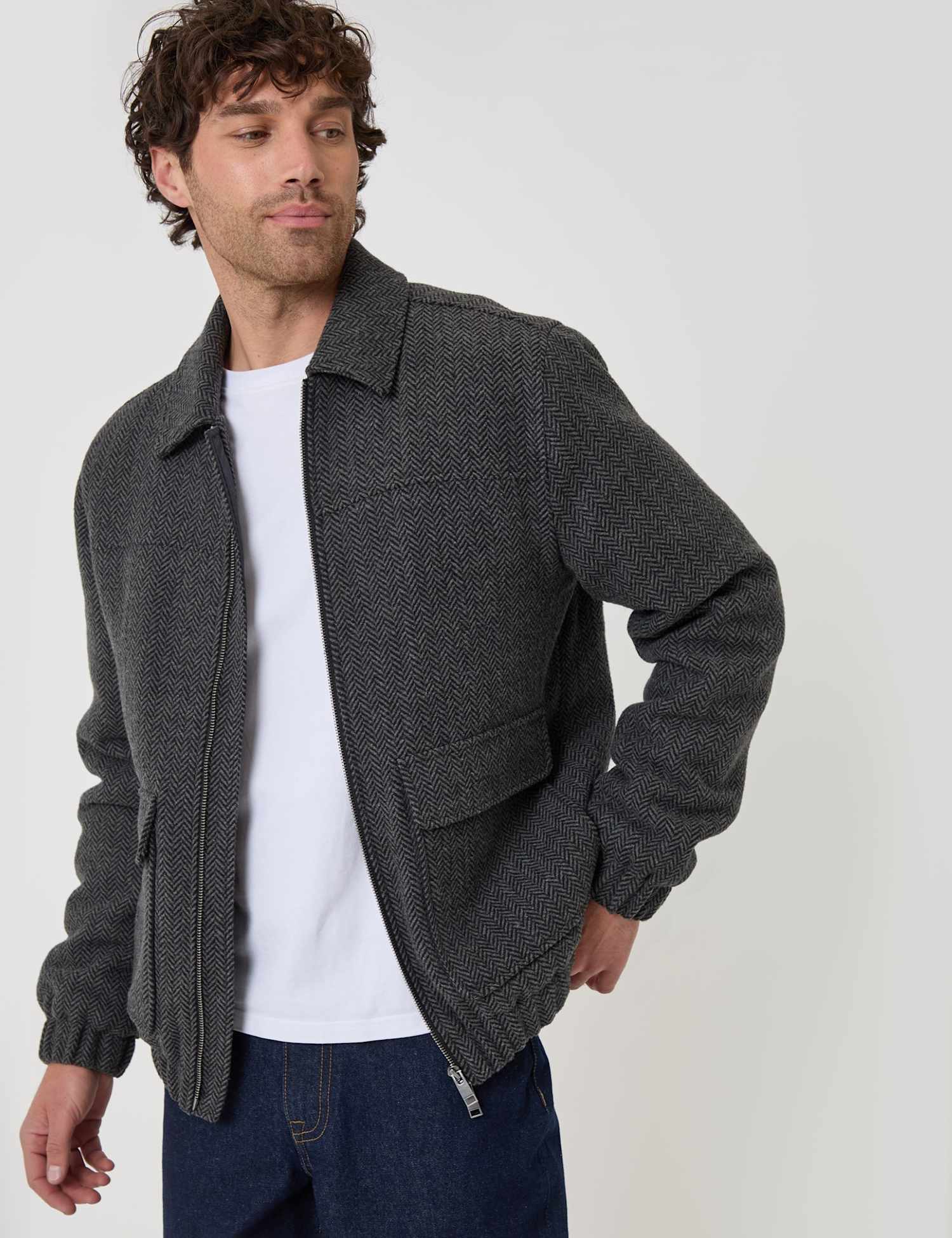 Threadbare Herringbone Collared Short Jacket Grey