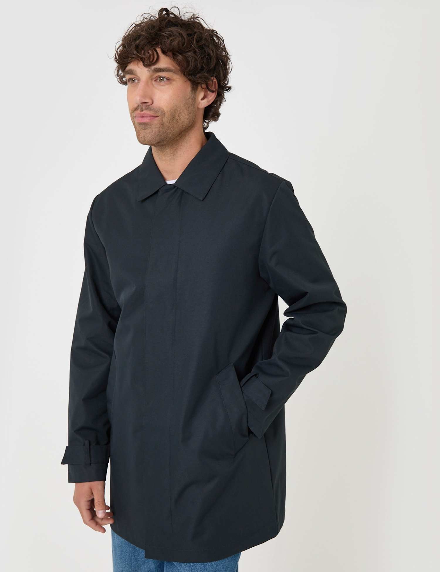 Threadbare Showerproof Collared Longline Mac Navy