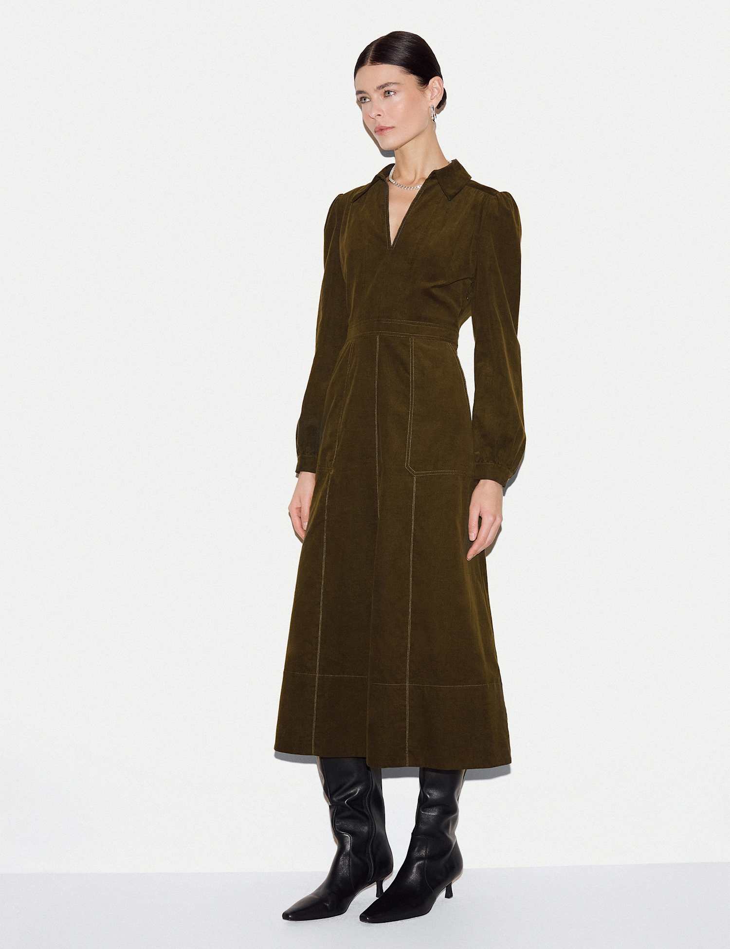 Jigsaw Cord Waisted Midi Dress Olive