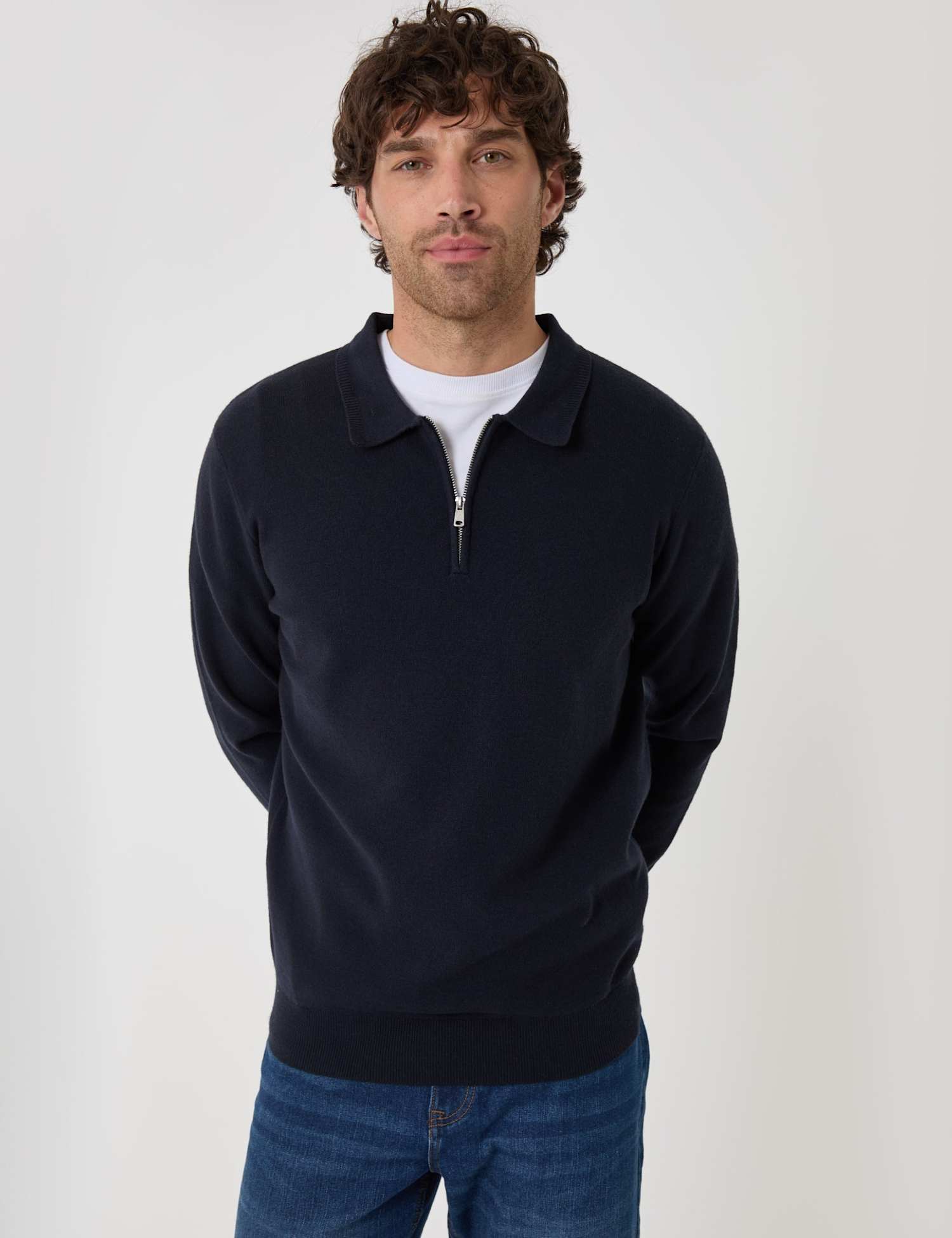 Threadbare Boxy Fit Quarter Zip Polo Sweatshirt Navy