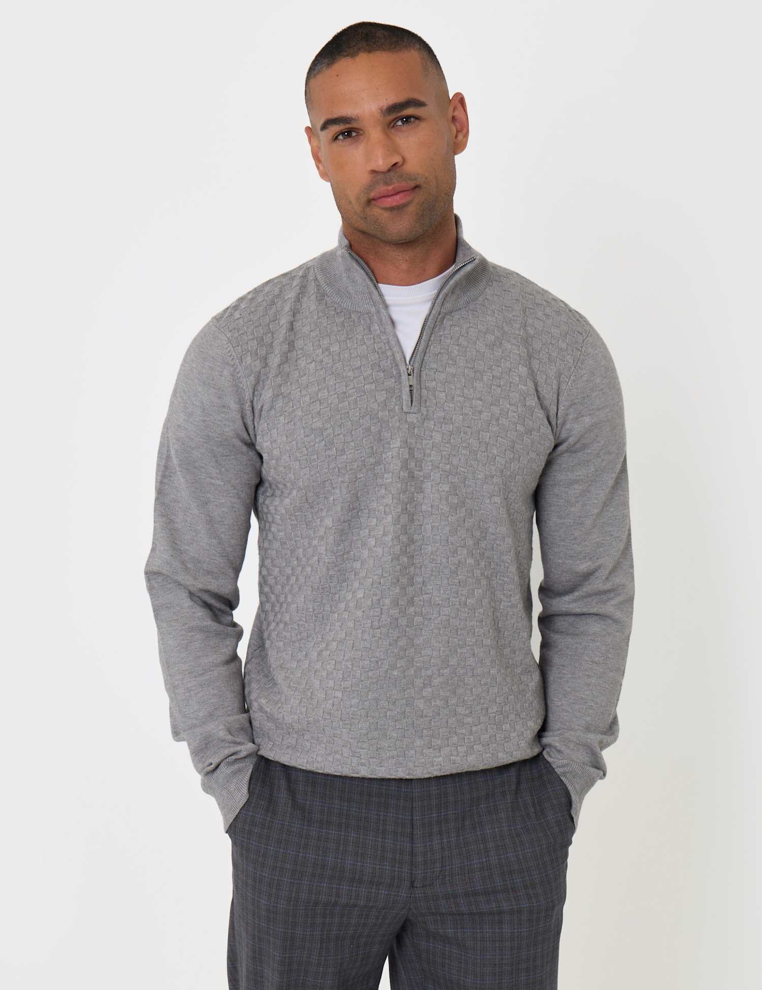 Threadbare Basket Stitch Quarter Zip Jumper Grey