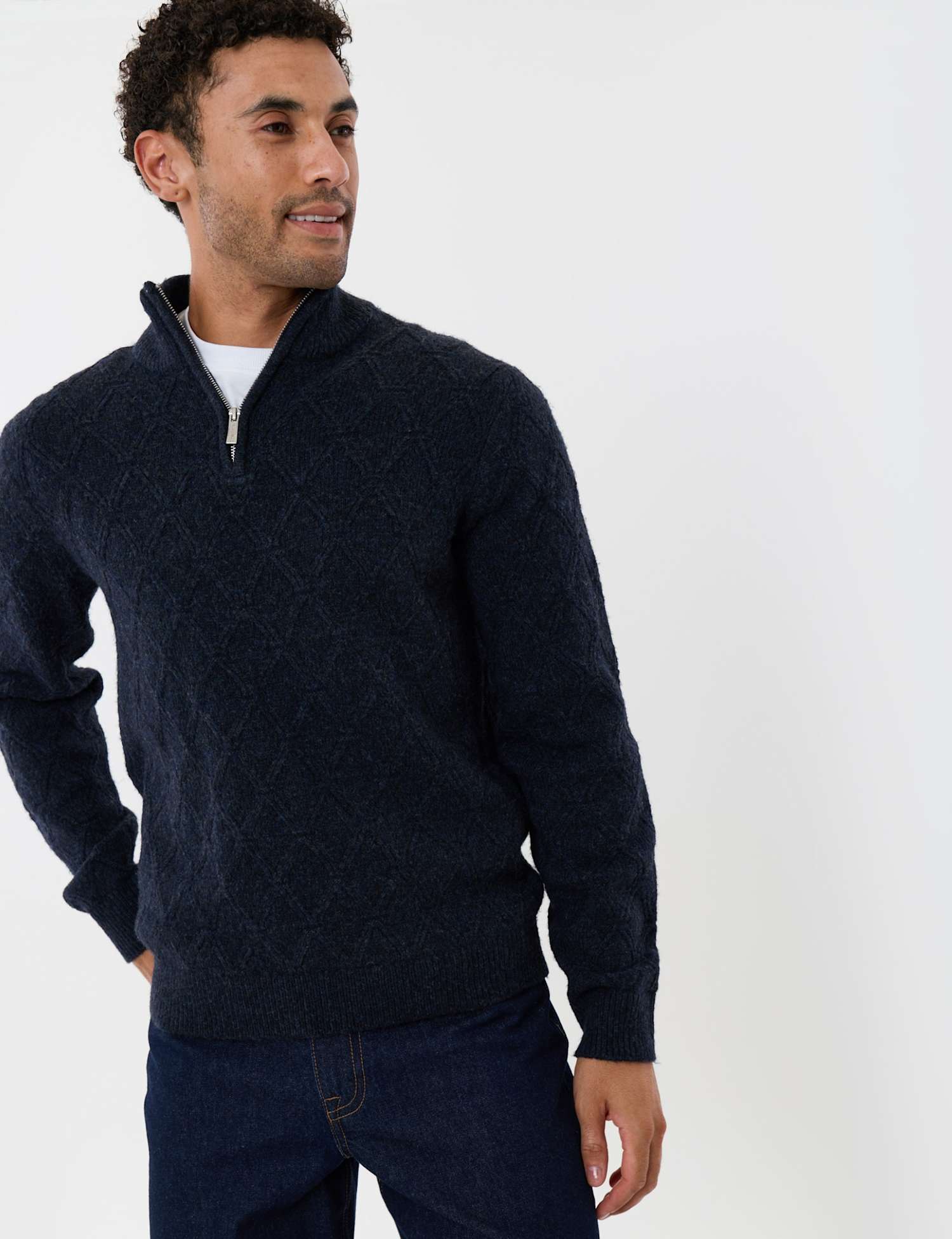 Threadbare Diamond Cable Knit Funnel Neck Jumper Navy