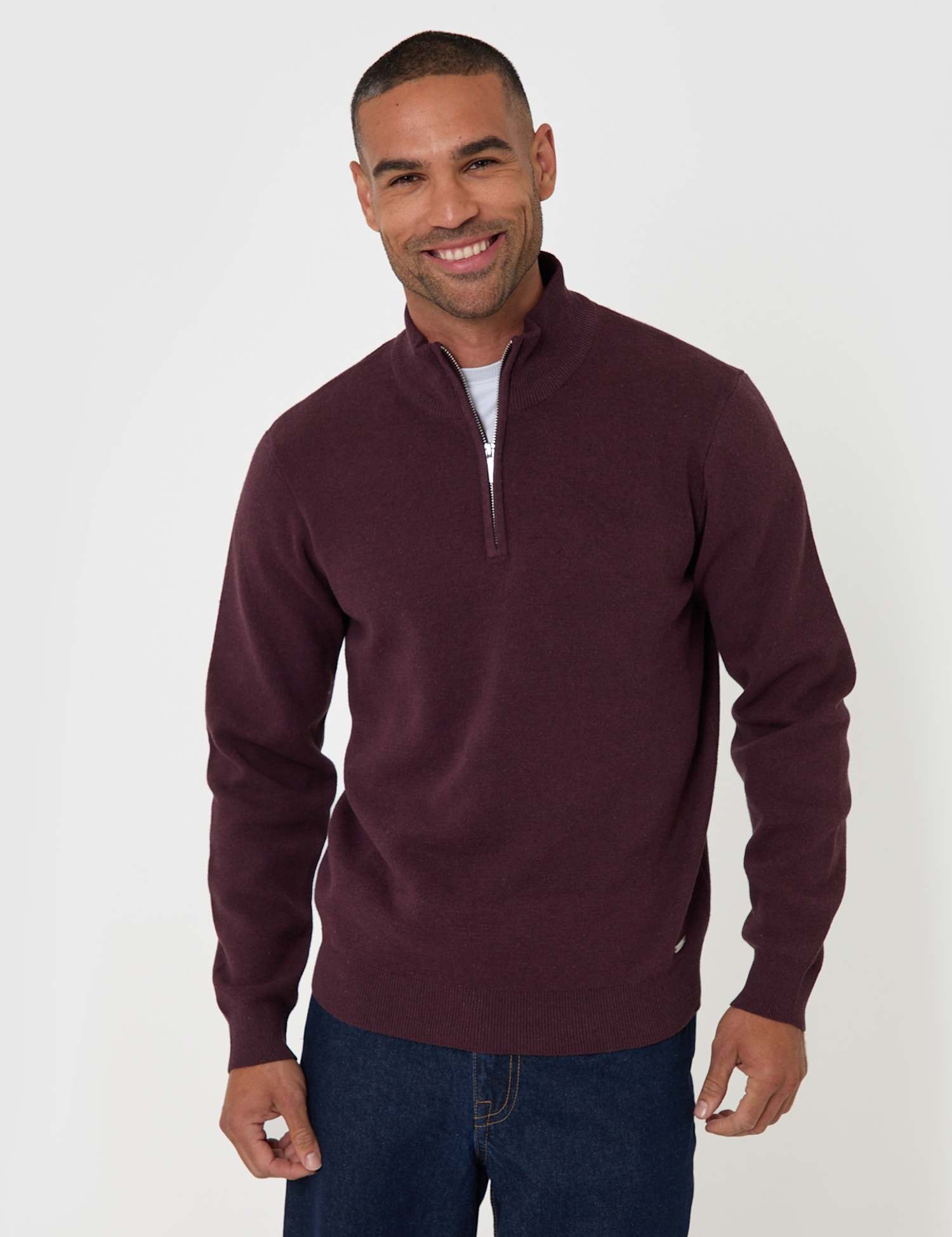 Threadbare Cotton Rich Quarter Zip Funnel Neck Jumper Burgundy