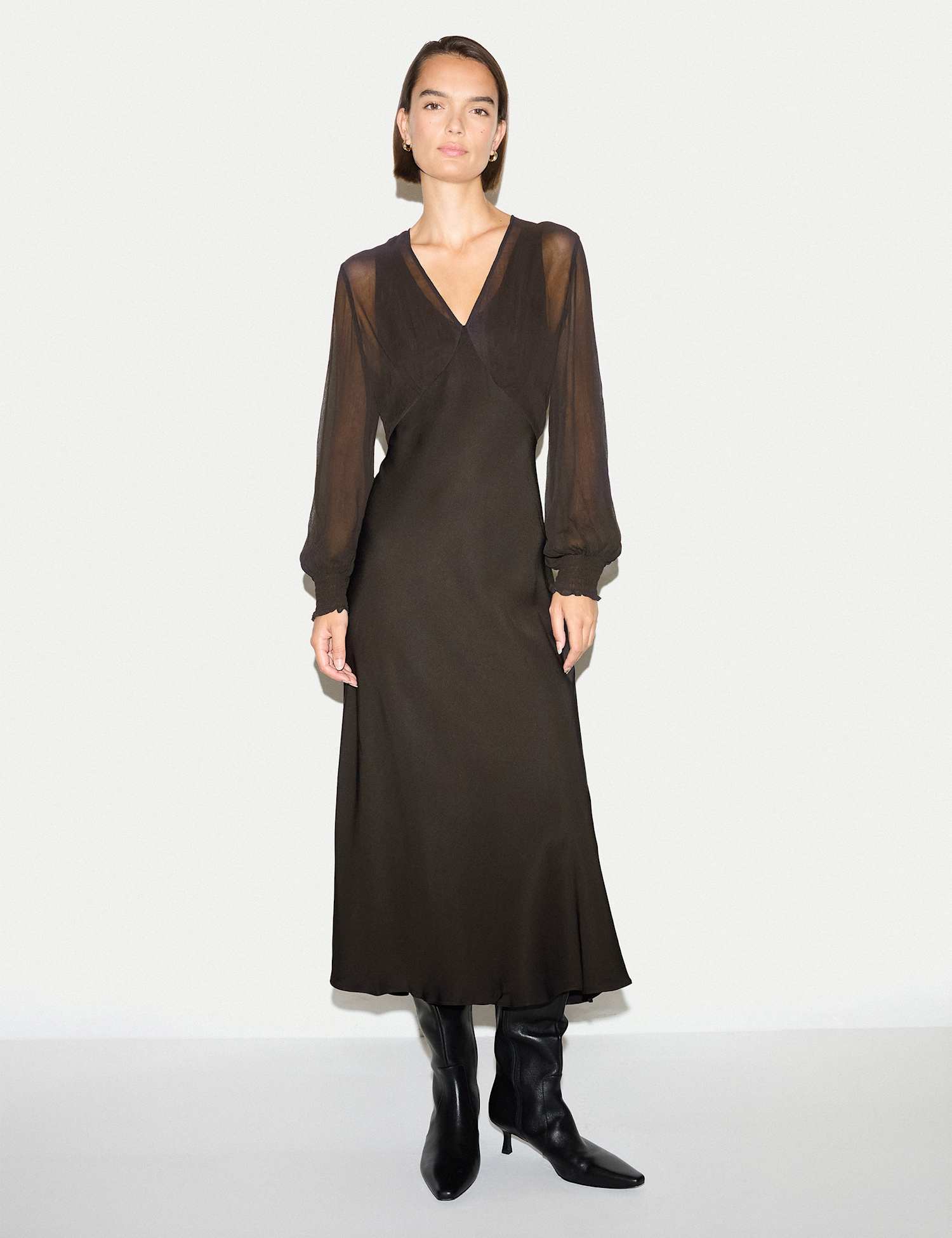Jigsaw Long Sleeve Bias Midi Dress Brown