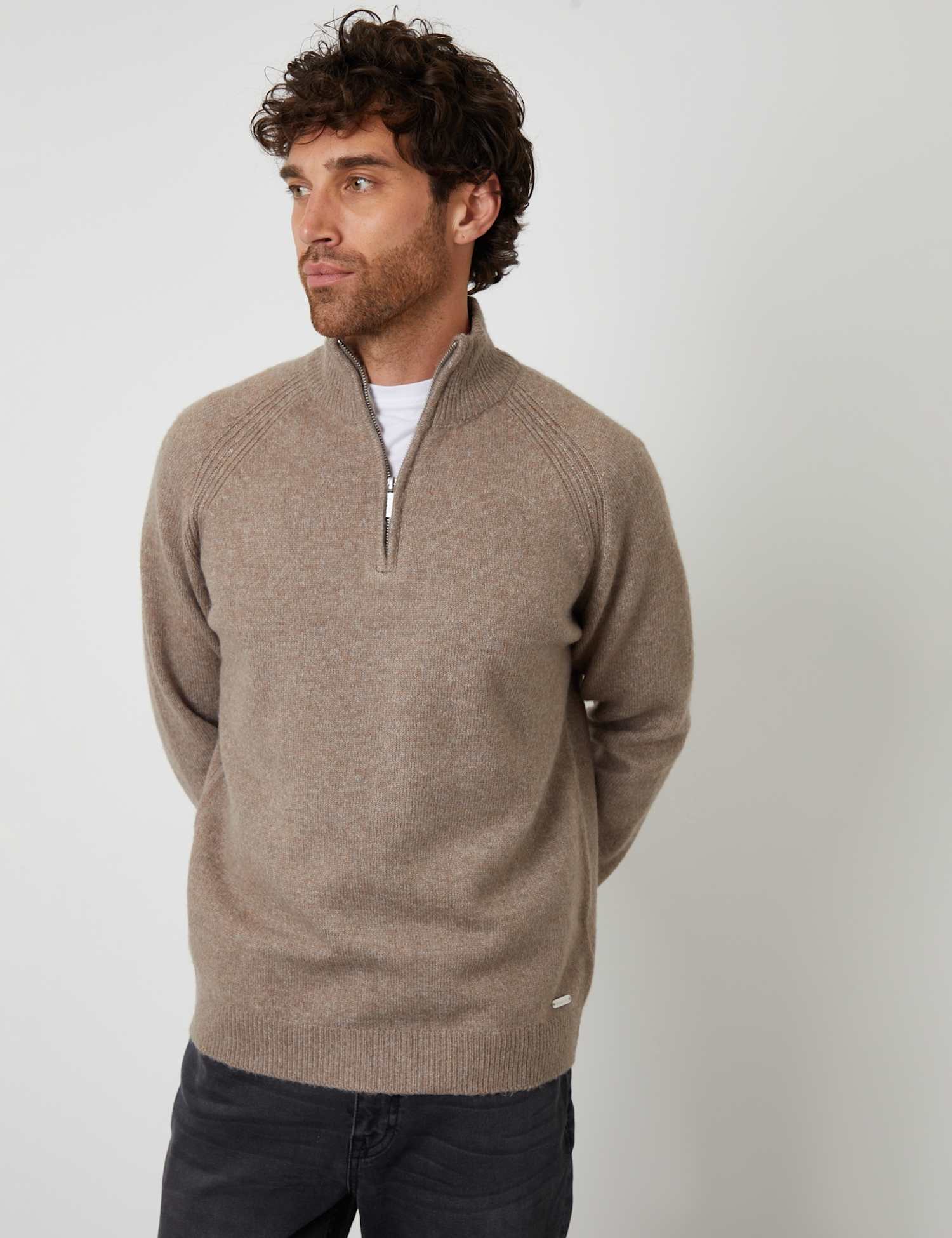 Threadbare Raglan Rib Quarter Zip Knitted Jumper Taupe