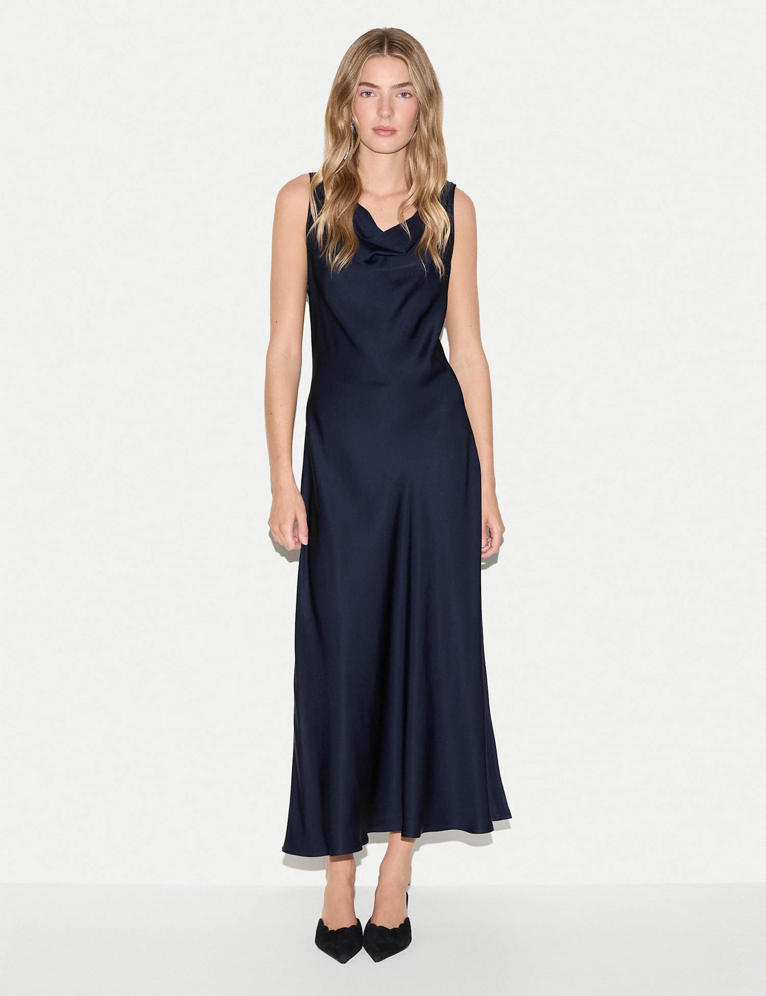 Jigsaw Satin Cowl Neck Midi Dress Navy