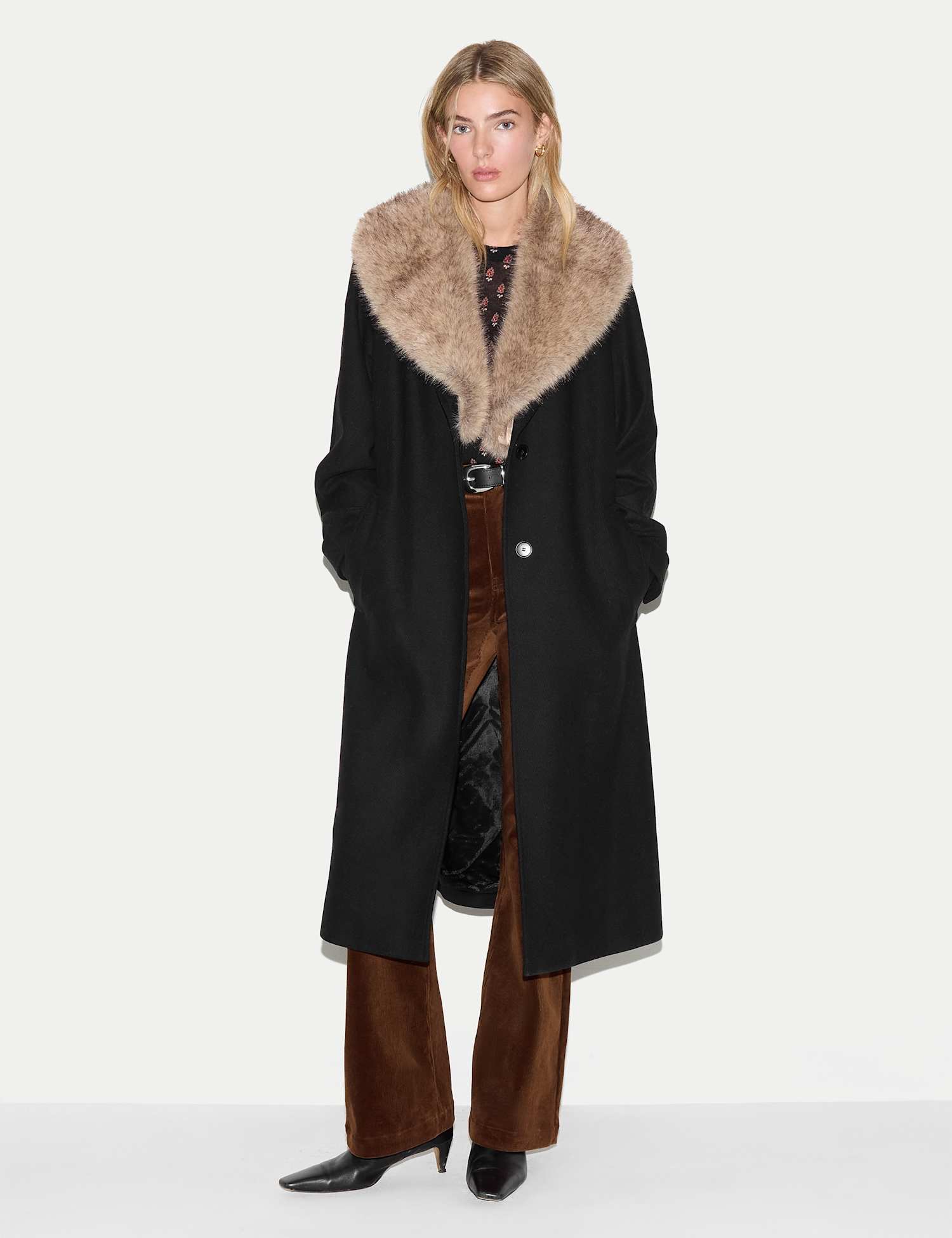 Jigsaw Wool Rich Faux Fur Collar Longline Duster Coat Black
