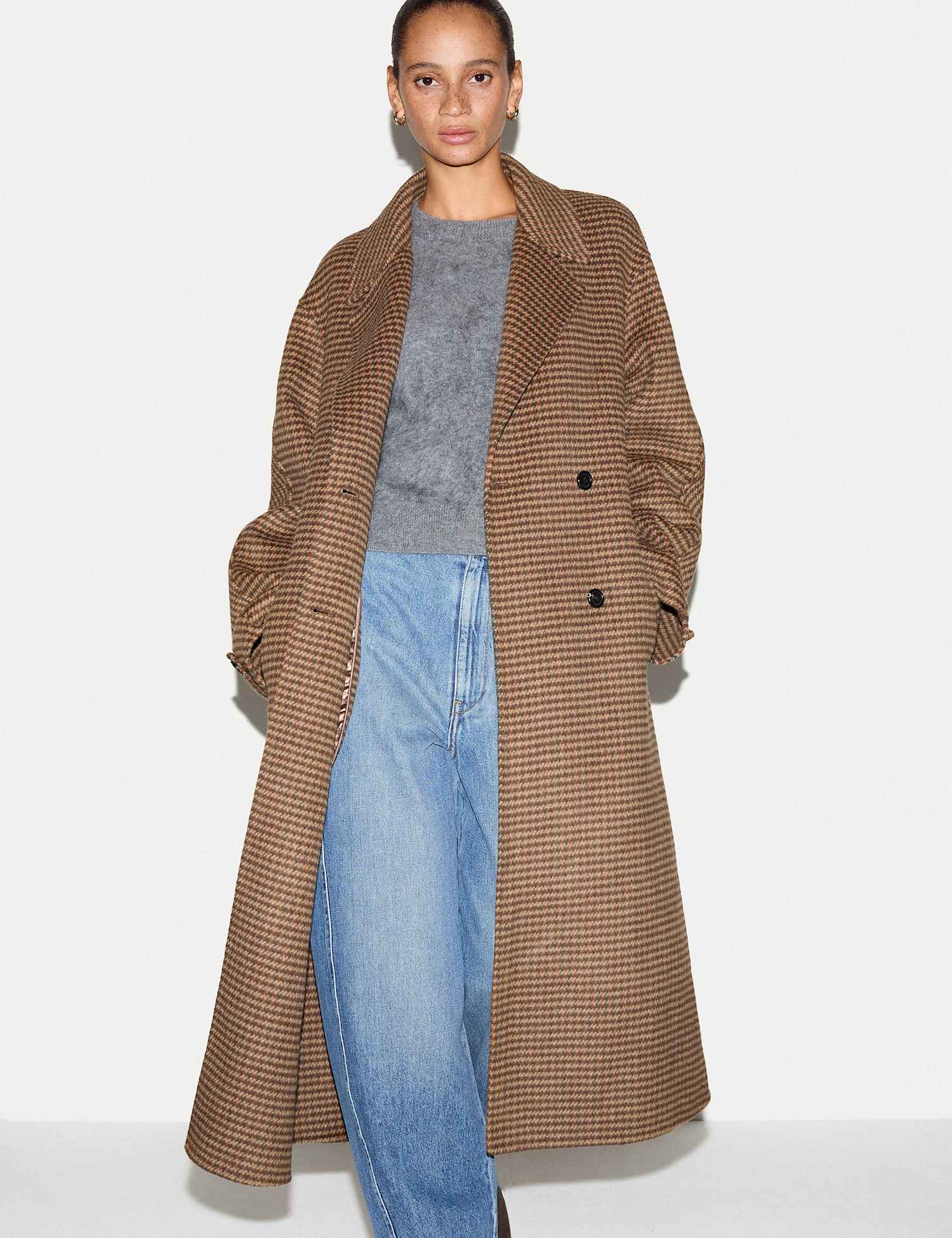 Jigsaw Double Faced Wool Blend Checked Coat Brown Mix