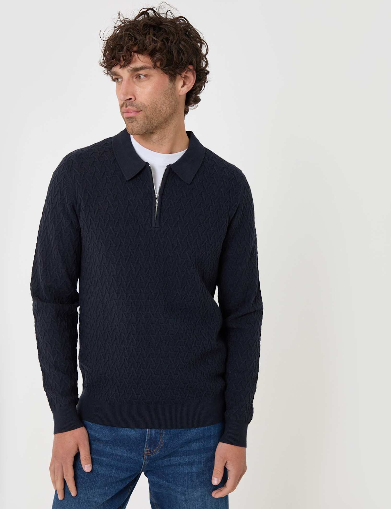 Threadbare Textured Cable Knit Quarter Zip Polo Navy