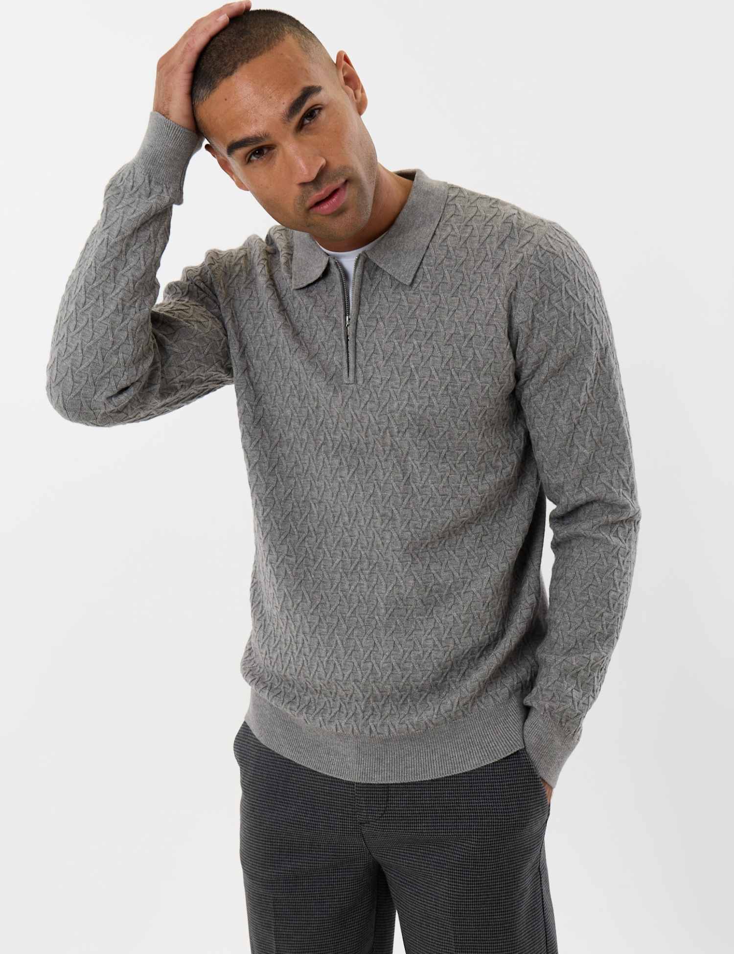 Threadbare Textured Cable Knit Quarter Zip Polo Grey Marl