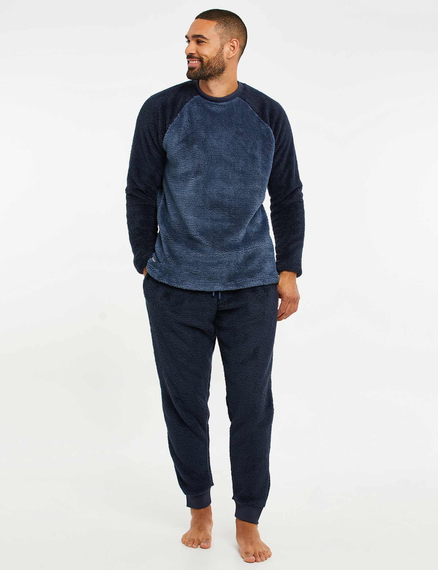 Threadbare Fleece Ribbed Cuffed Pyjama Set Navy Mix