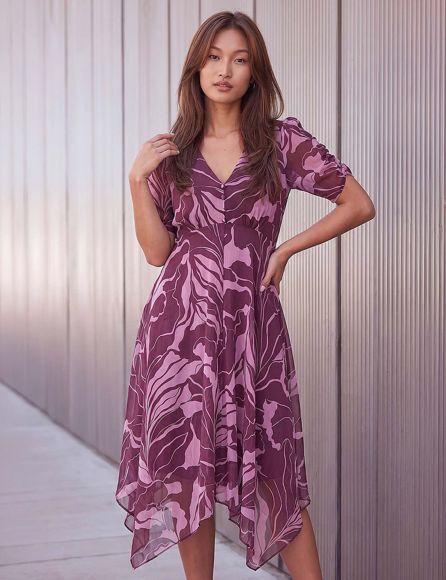 Roman Hanky Hem Knee Length Dress Plum