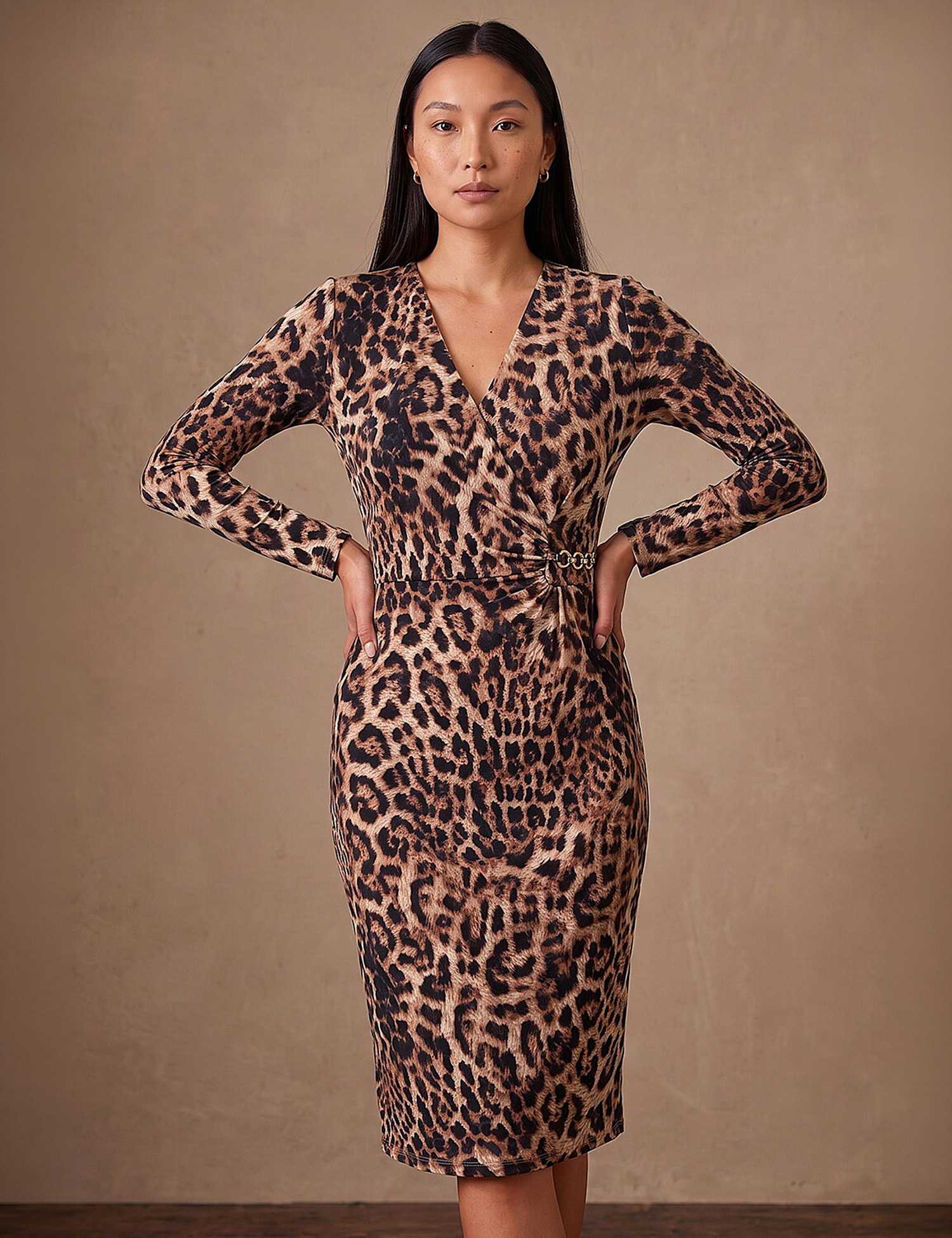 Roman Animal Print V Neck Chain Detail Gathered Dress Natural Mix
