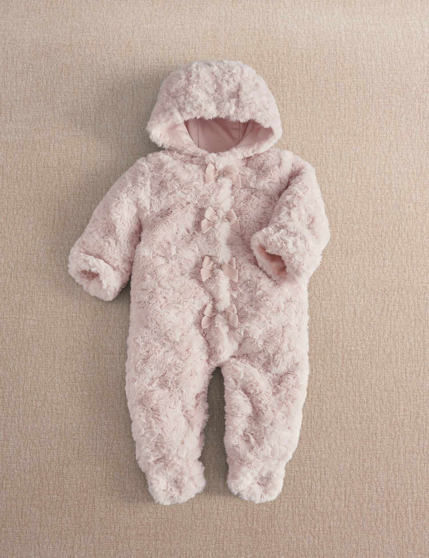 Mamas & Papas Faux Fur Bow Hooded Pramsuit Pink