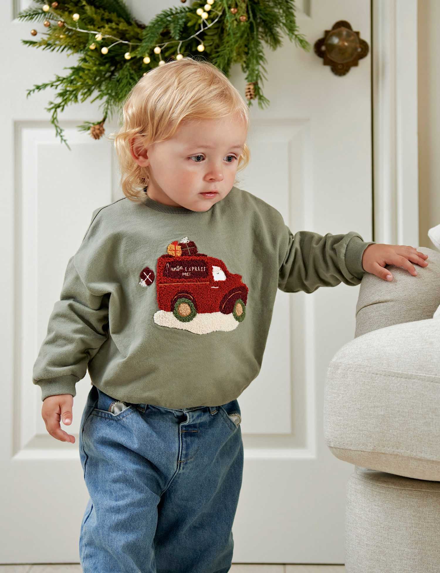 Mamas & Papas Pure Cotton Christmas Sweatshirt Green