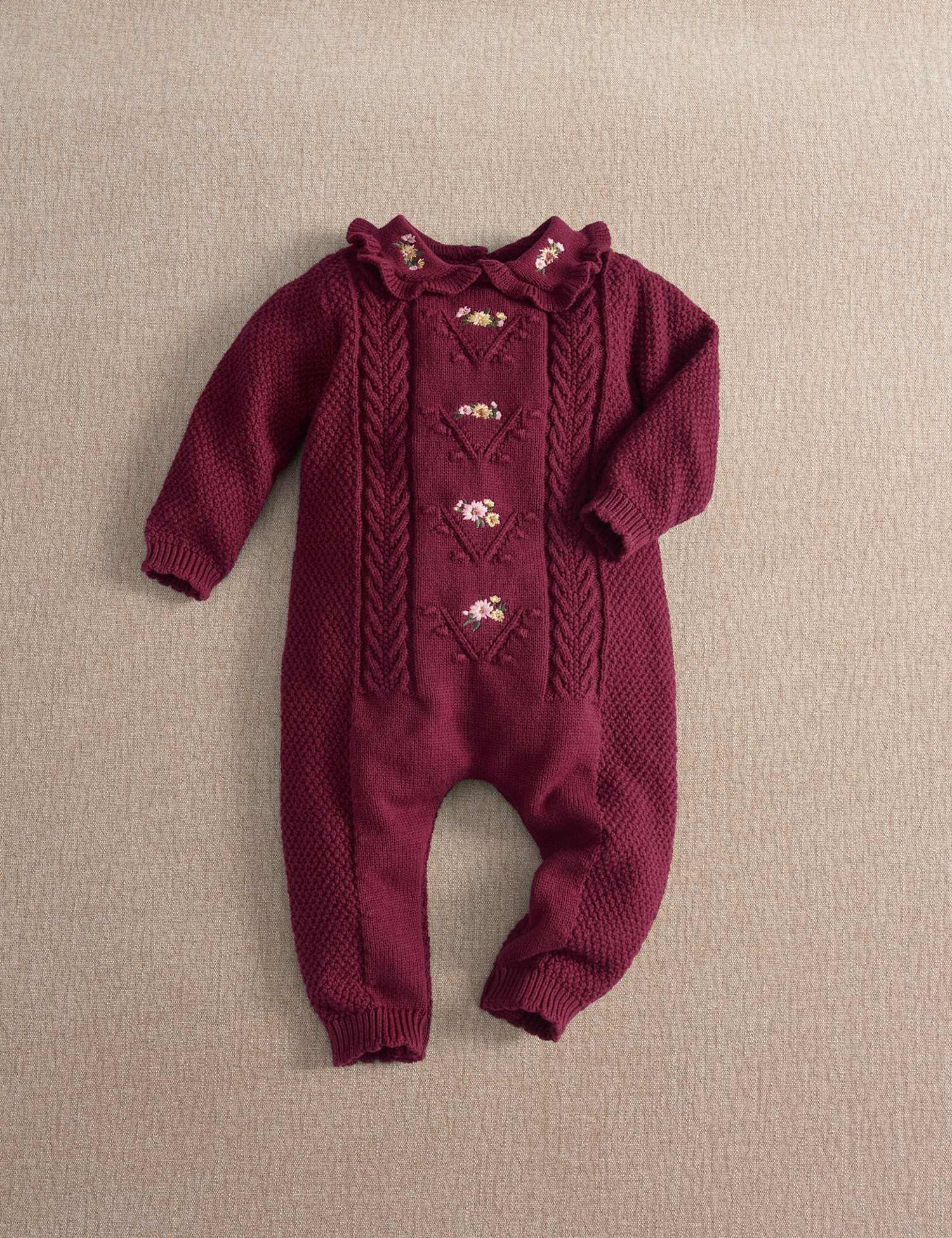 Mamas & Papas Pure Cotton Flower Embroidered Knitted Romper Burgundy