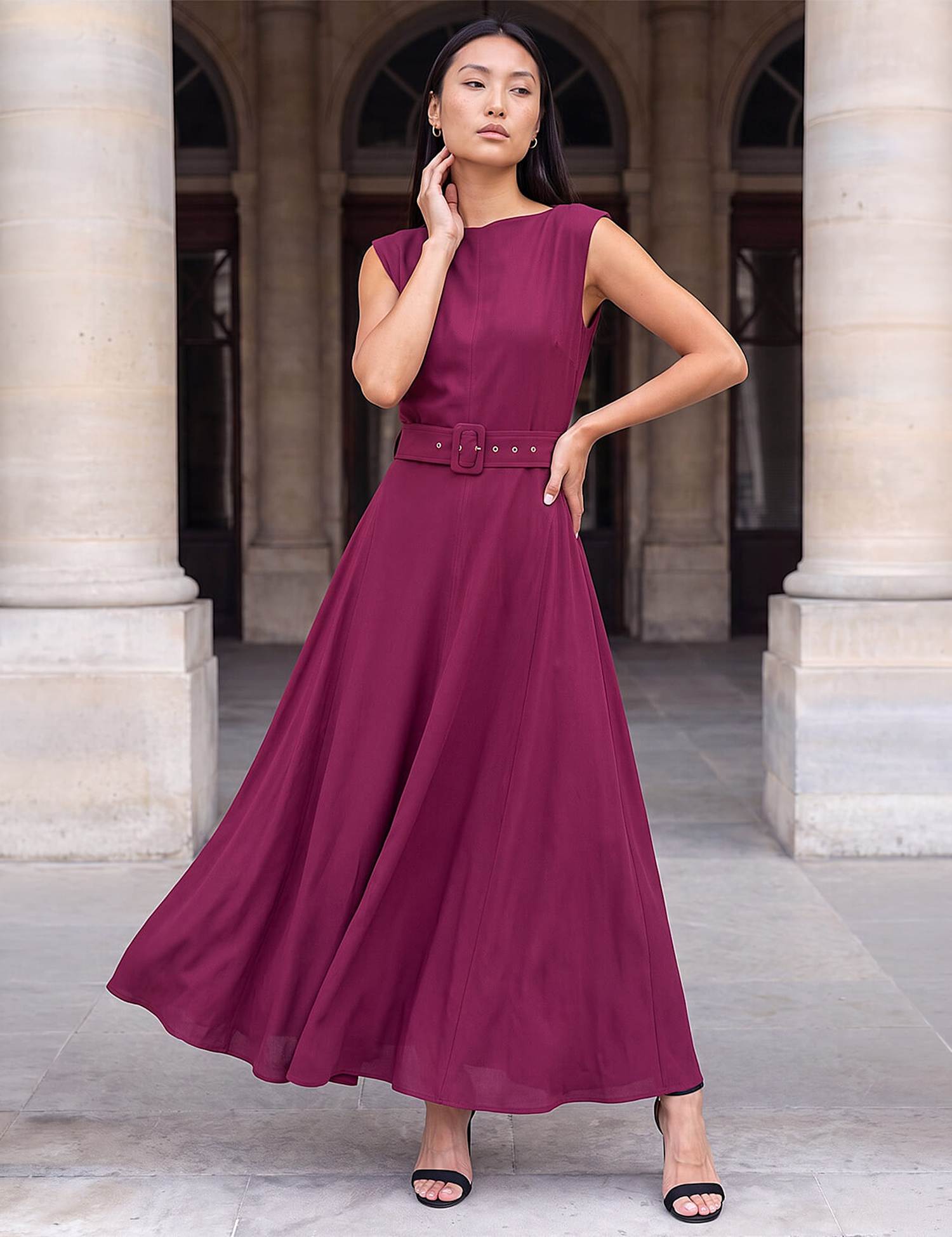 Roman Belted Asymmetric Neck Knee Length Dress Burgundy Mix