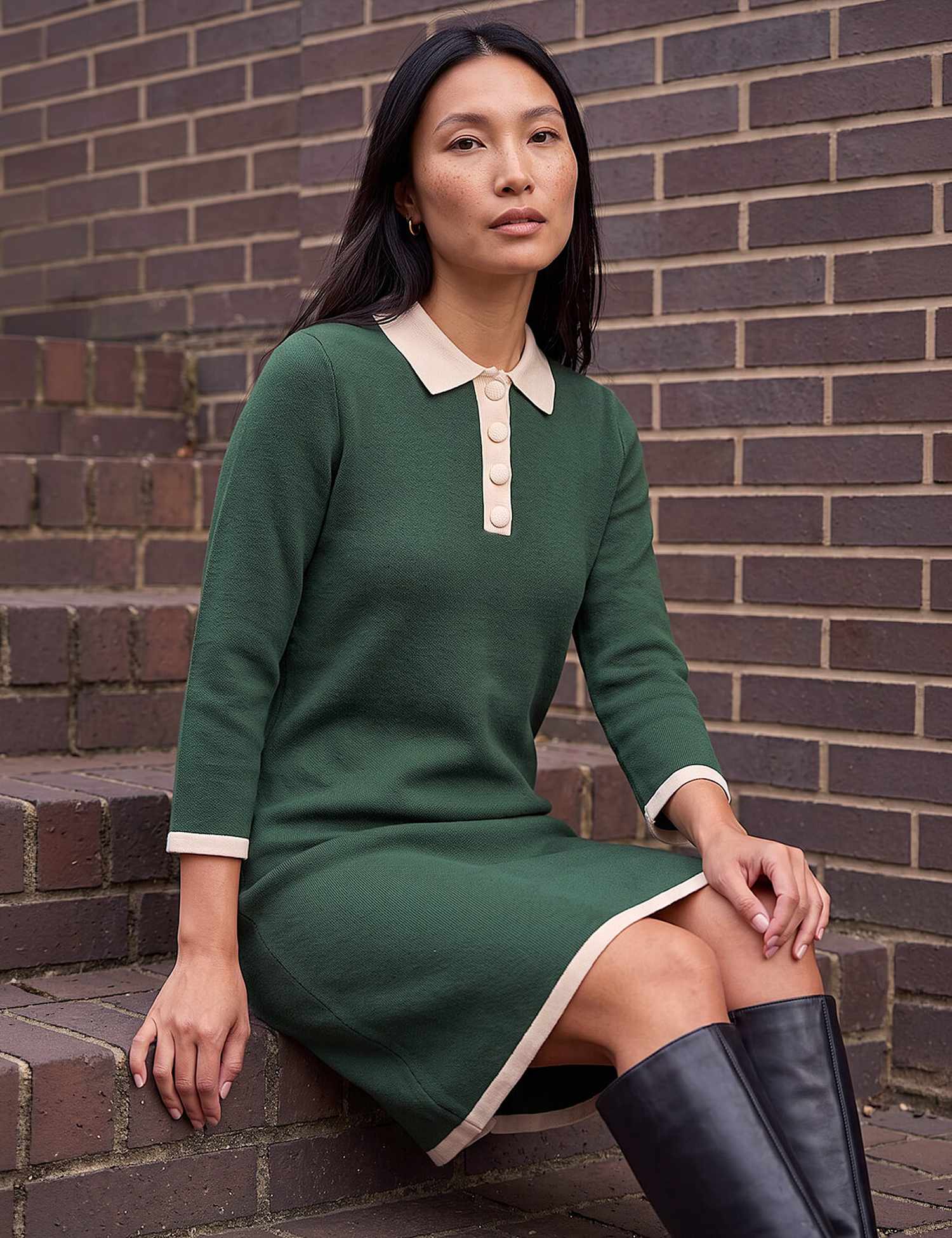 Roman Button Detail Knitted Dress Green Mix