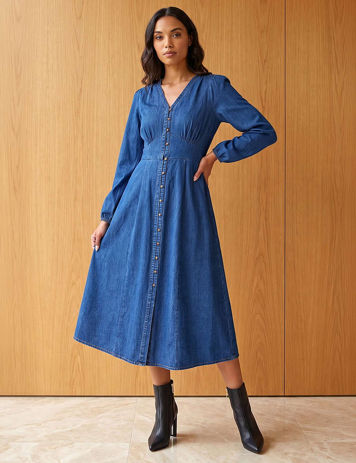 Roman Pure Cotton Button Through Midi Dress Denim Mix