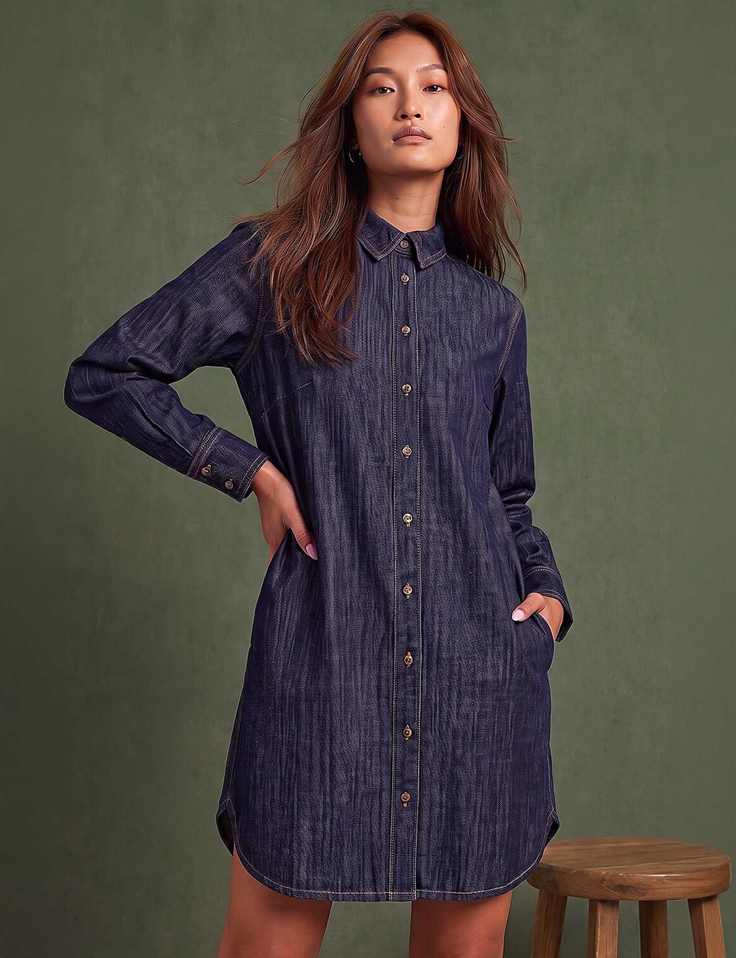 Roman Pure Cotton Button Through Knee Length Shirt Dress Denim Mix