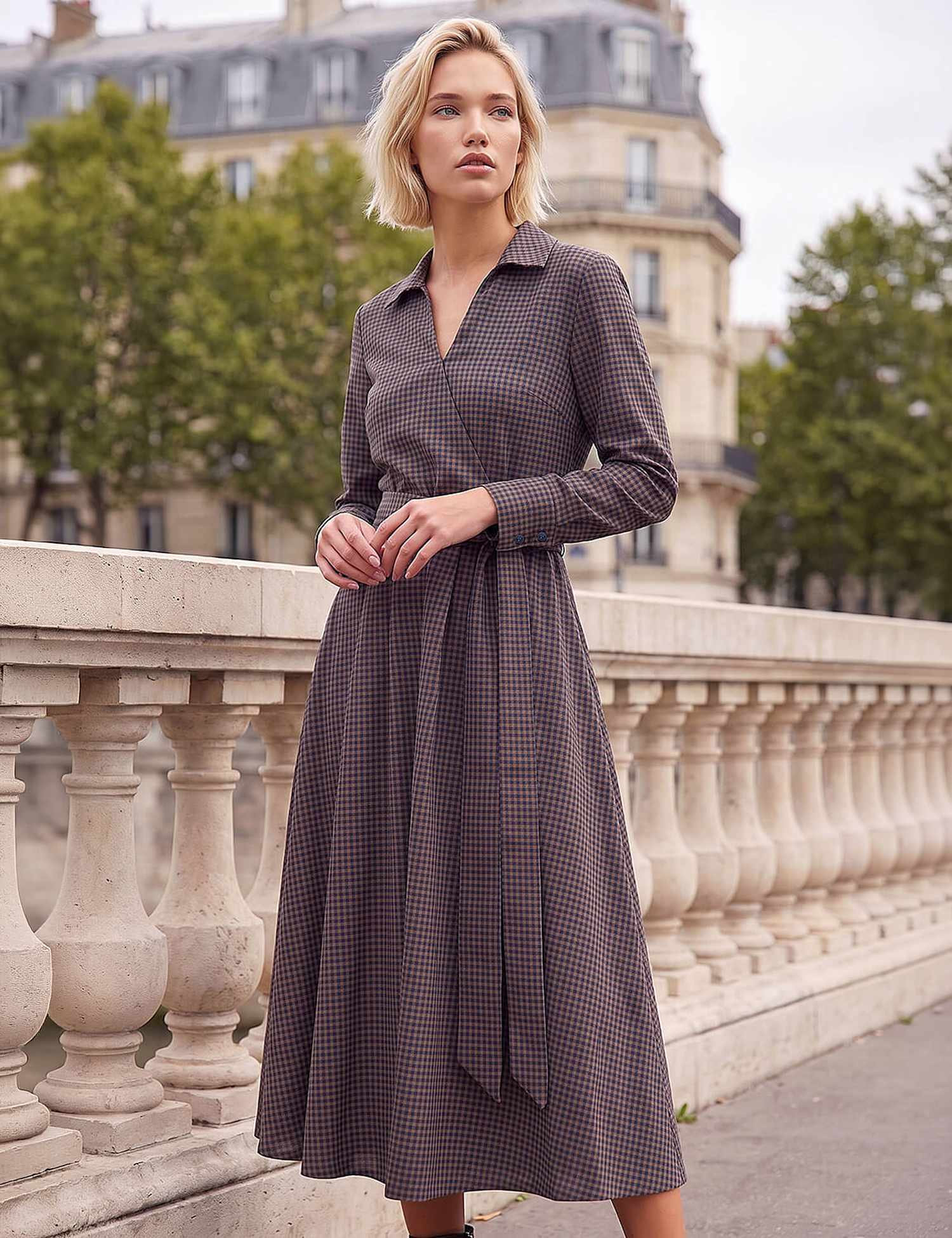 Roman Cotton Blend Check Mock Wrap Dress Brown Mix