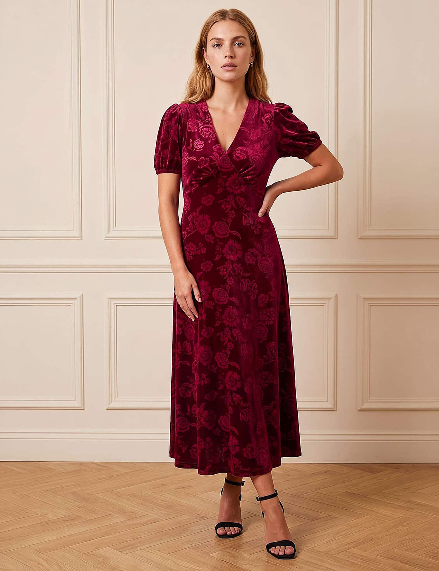 Roman Embossed Velvet Midi Dress Burgundy Mix