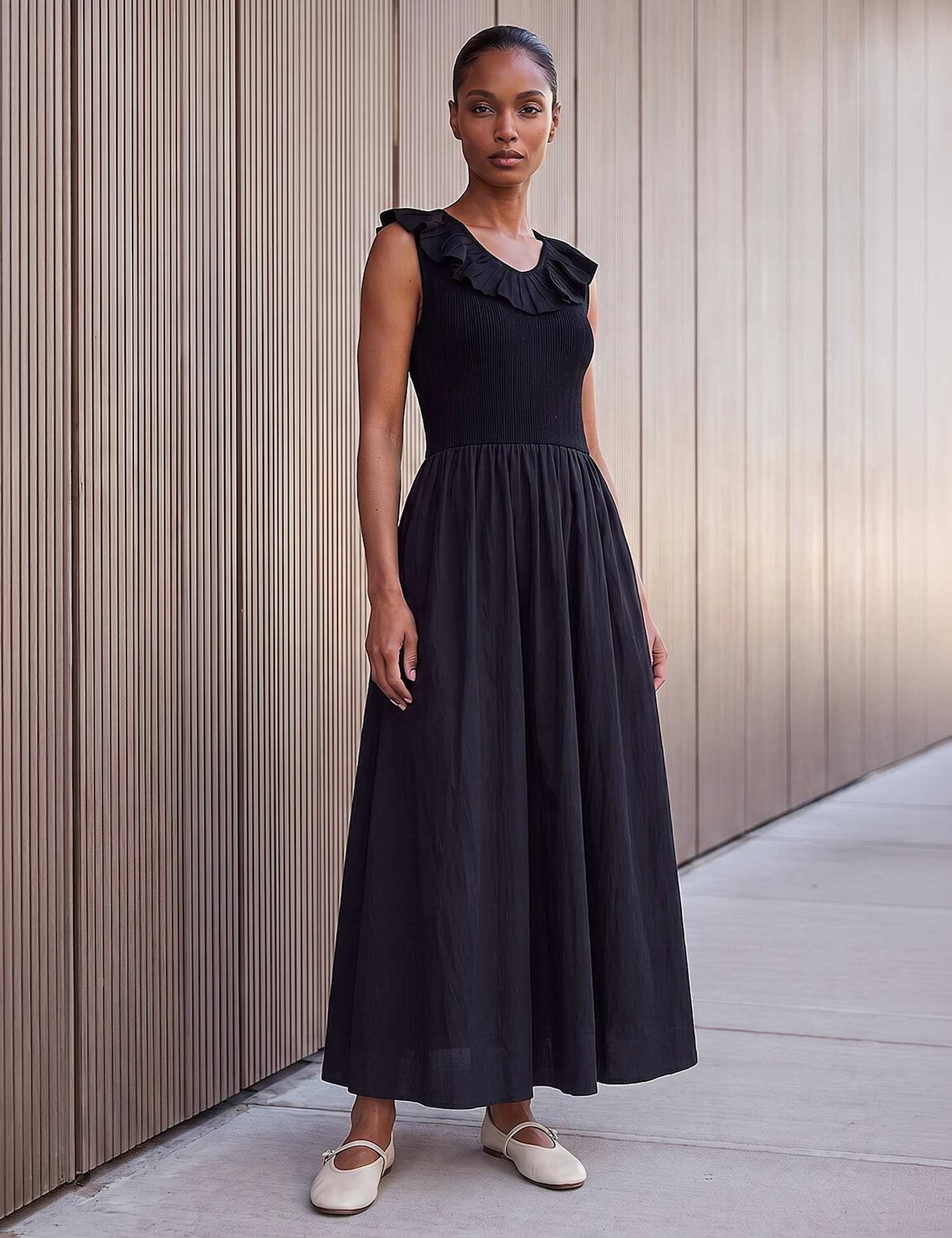 Roman Frill Detail Midi Dress Black Mix