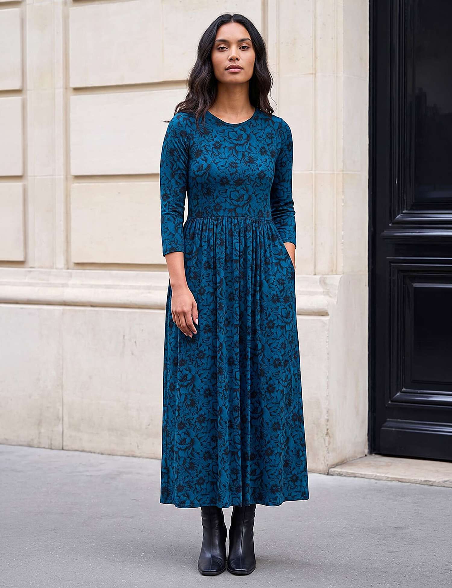 Roman Printed Stretch Midi Dress Teal Mix