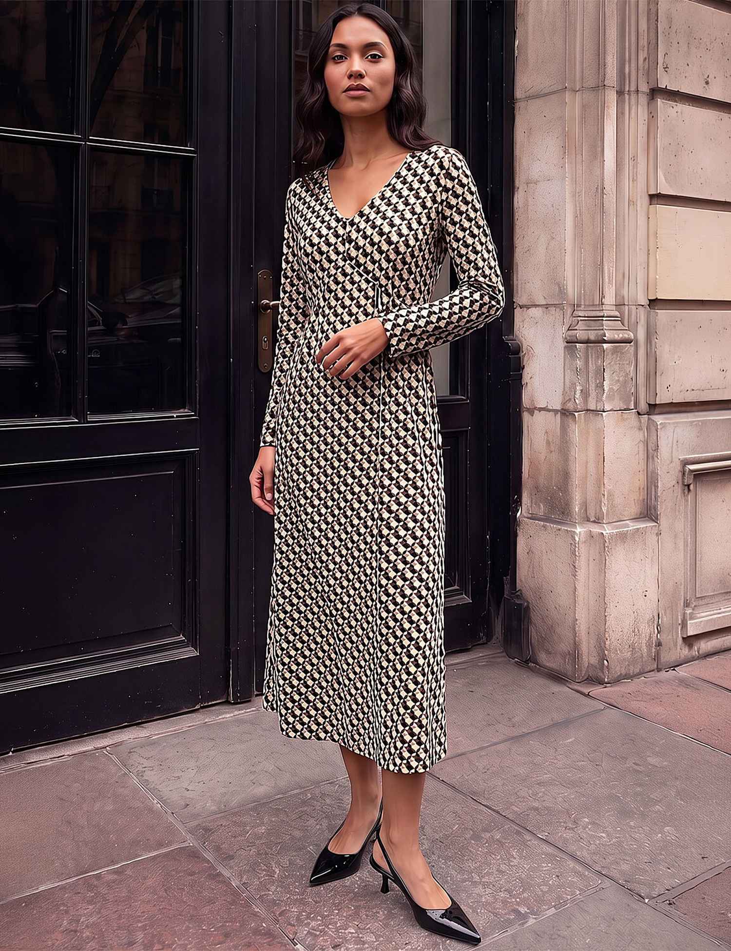 Roman Geometric V Neck Midi Dress Green Mix