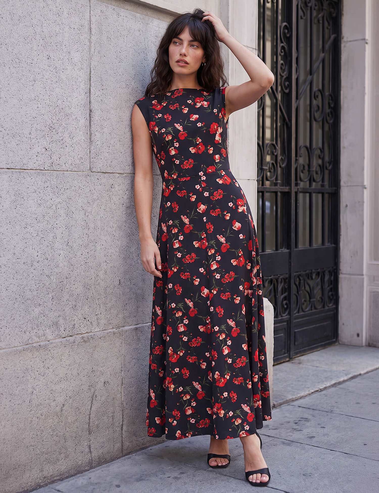Roman Poppy Print High Neck Knee Length Dress Black Mix