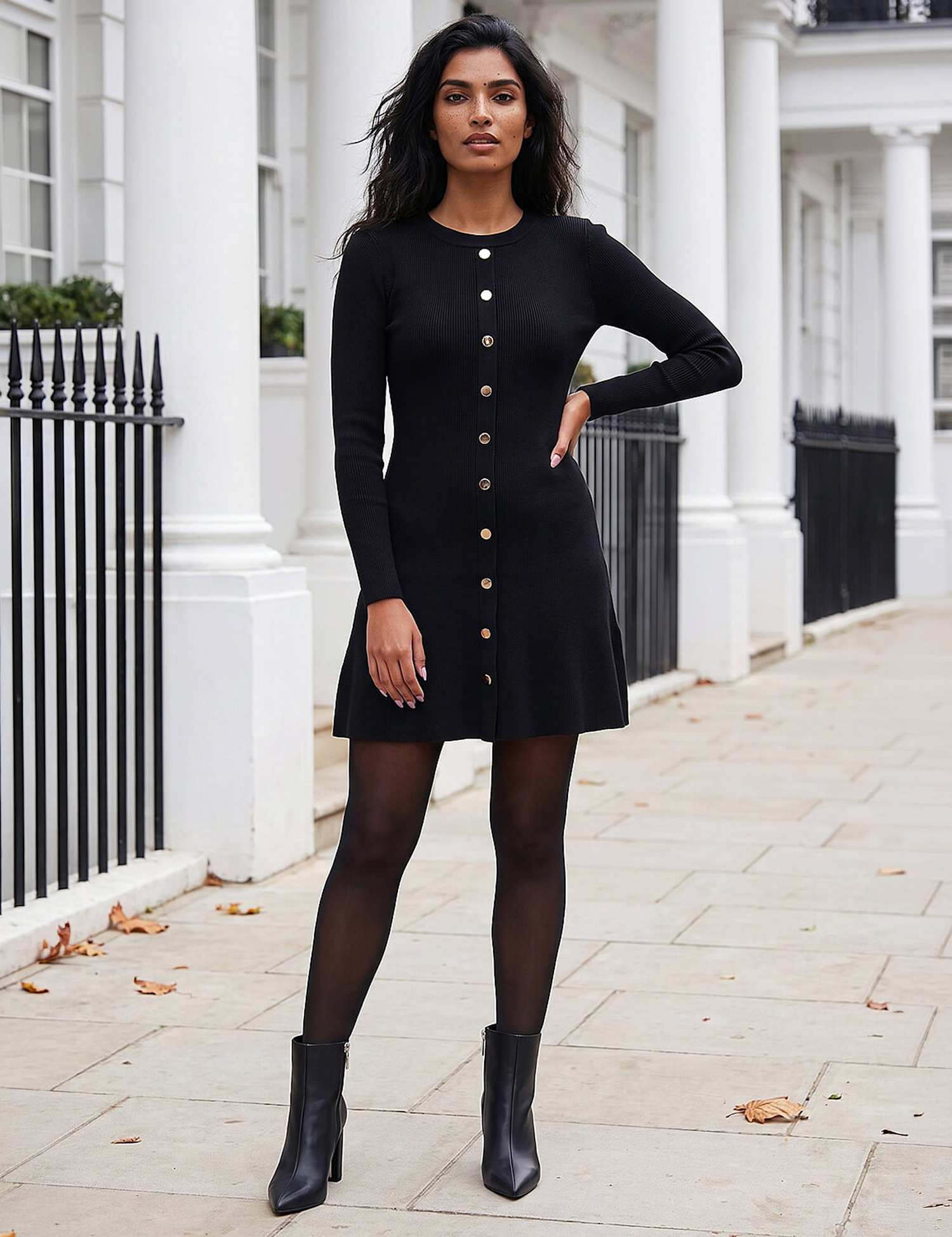 Roman Knitted Button Detail Knee Length Dress Black Mix