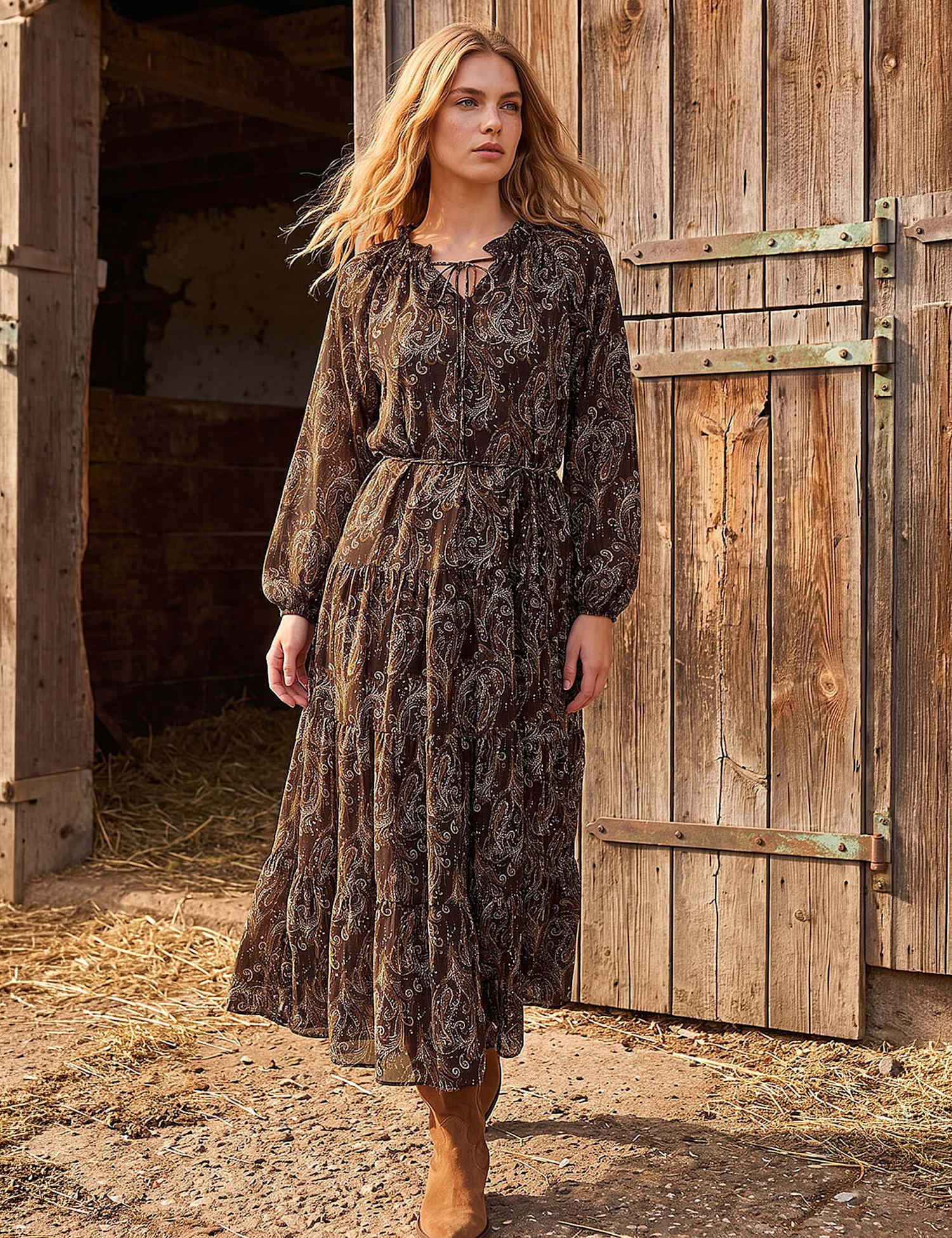 Roman Paisley Keyhole Midi Dress Tan