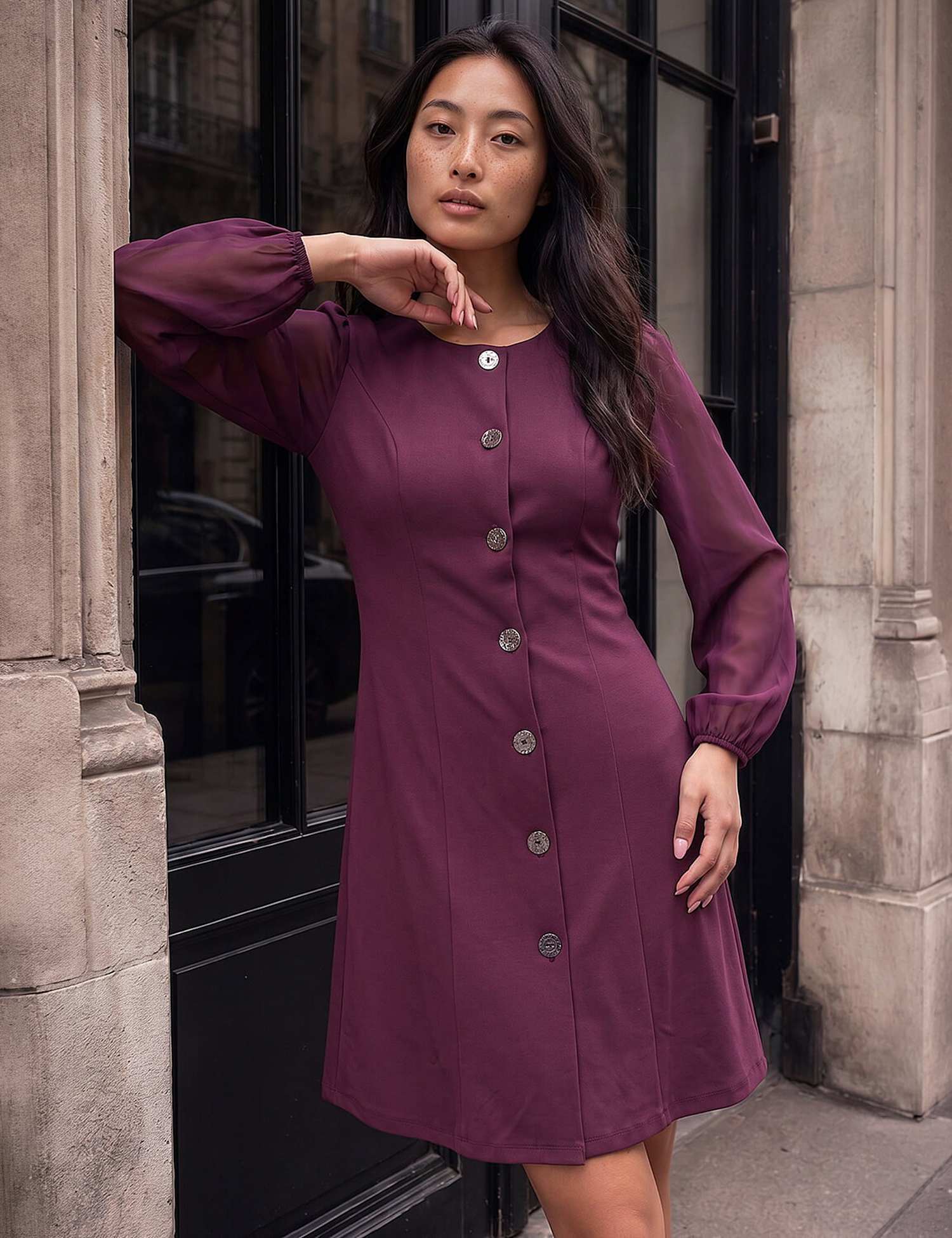 Roman Petite Button Through Knee Length Dress Burgundy Mix
