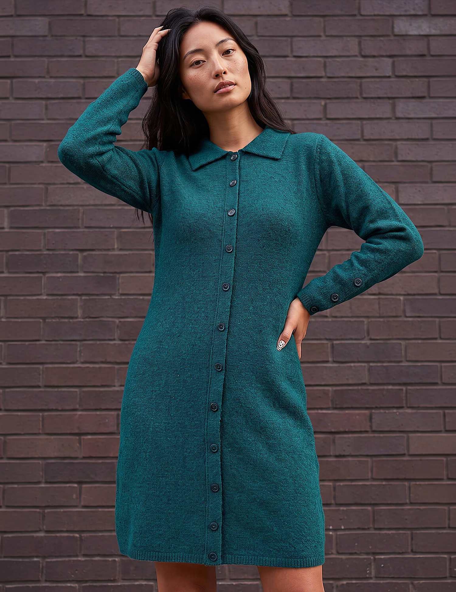 Roman Petite Collared Knitted Shift Dress Green Mix